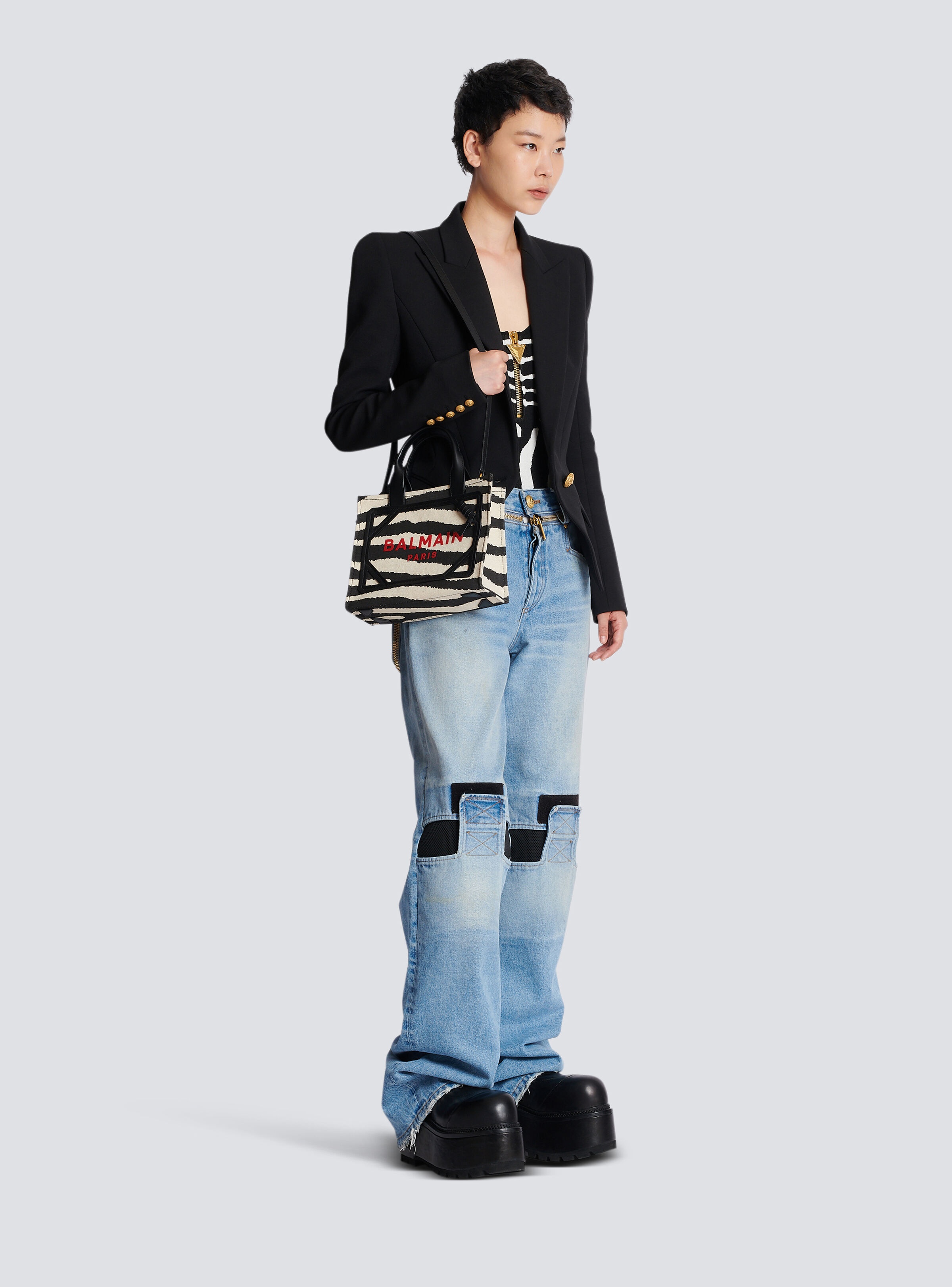 B-Army small zebra print canvas shopping bag with leather inserts - 8