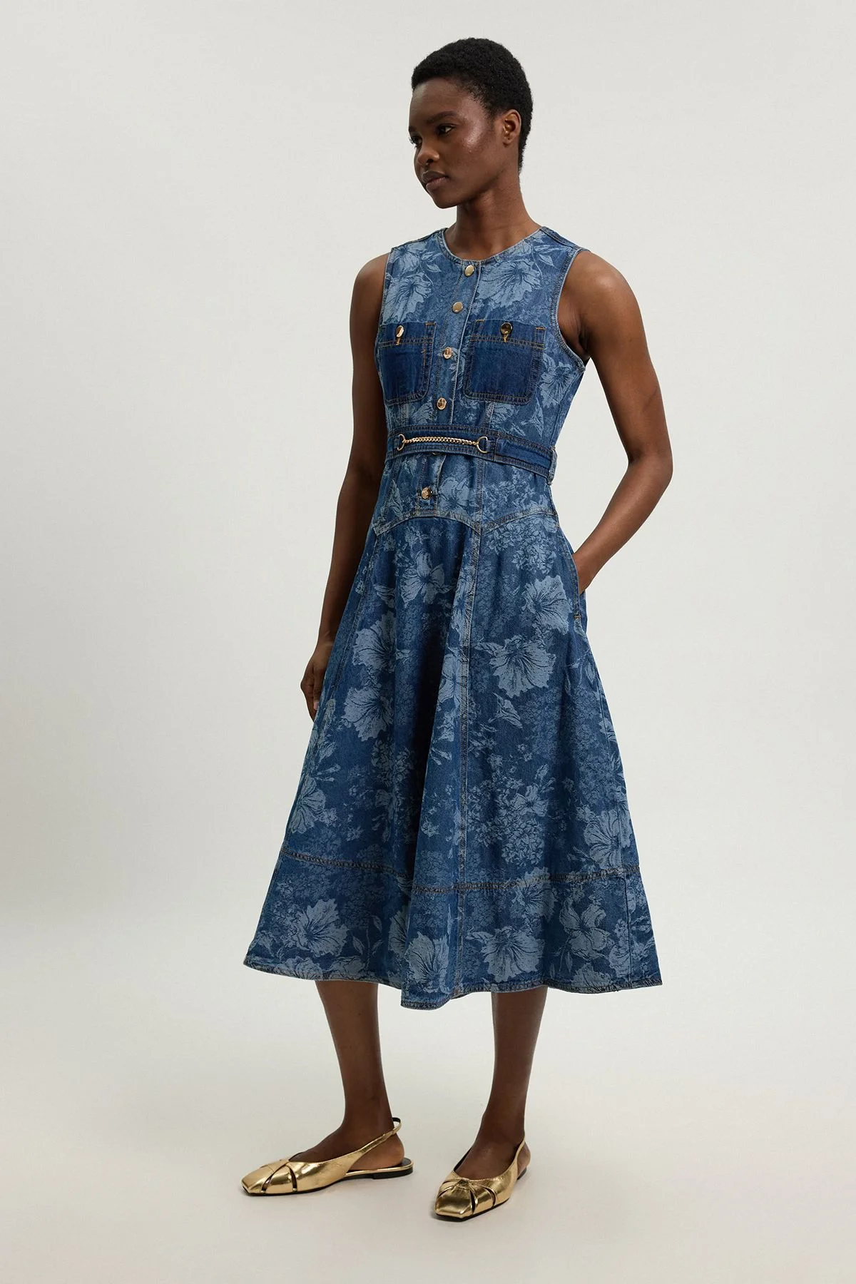 Jacquard Denim Full Skirted Midi Dress - 1