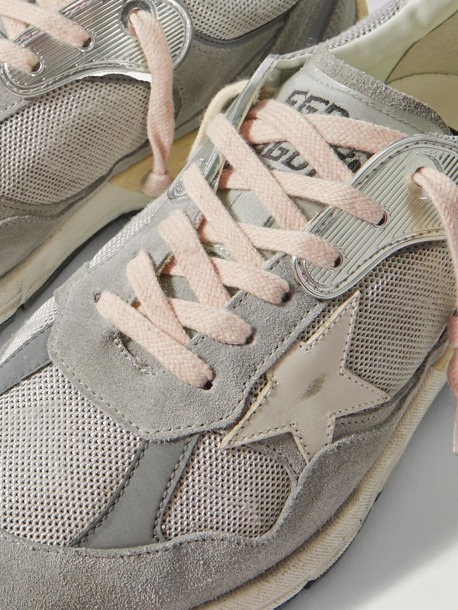 Dad-Star Distressed Leather-Trimmed Suede and Mesh Sneakers Gray - 6