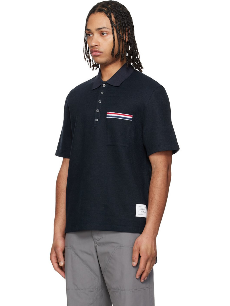 Thom Browne Navy Short Sleeve Pocket Polo RWB Embroidery Polo outlook