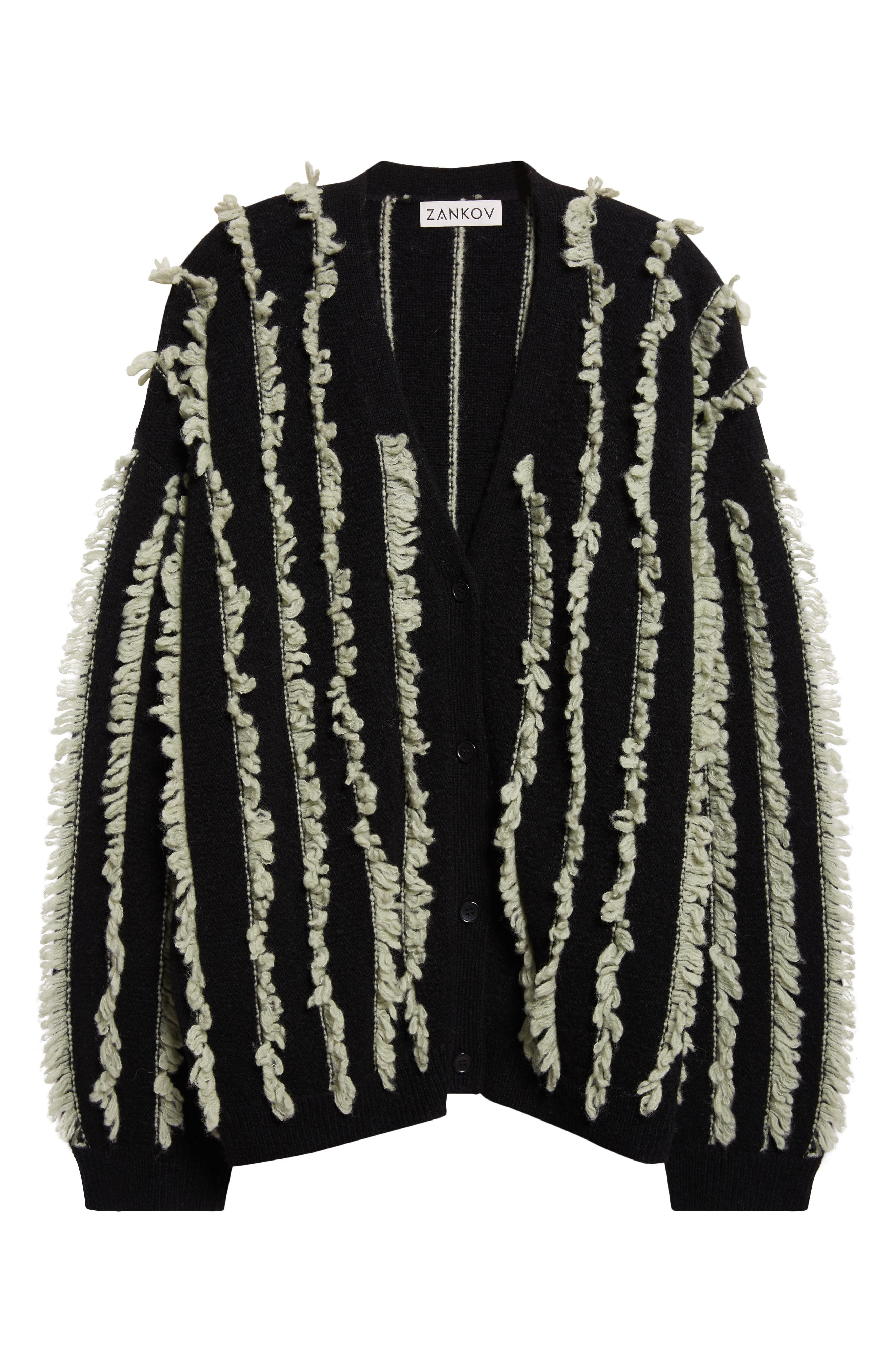 ZANKOV Joseph Fringe Stripe Merino Wool V-Neck Cardigan in Sage/Black Multi at Nordstrom - 5