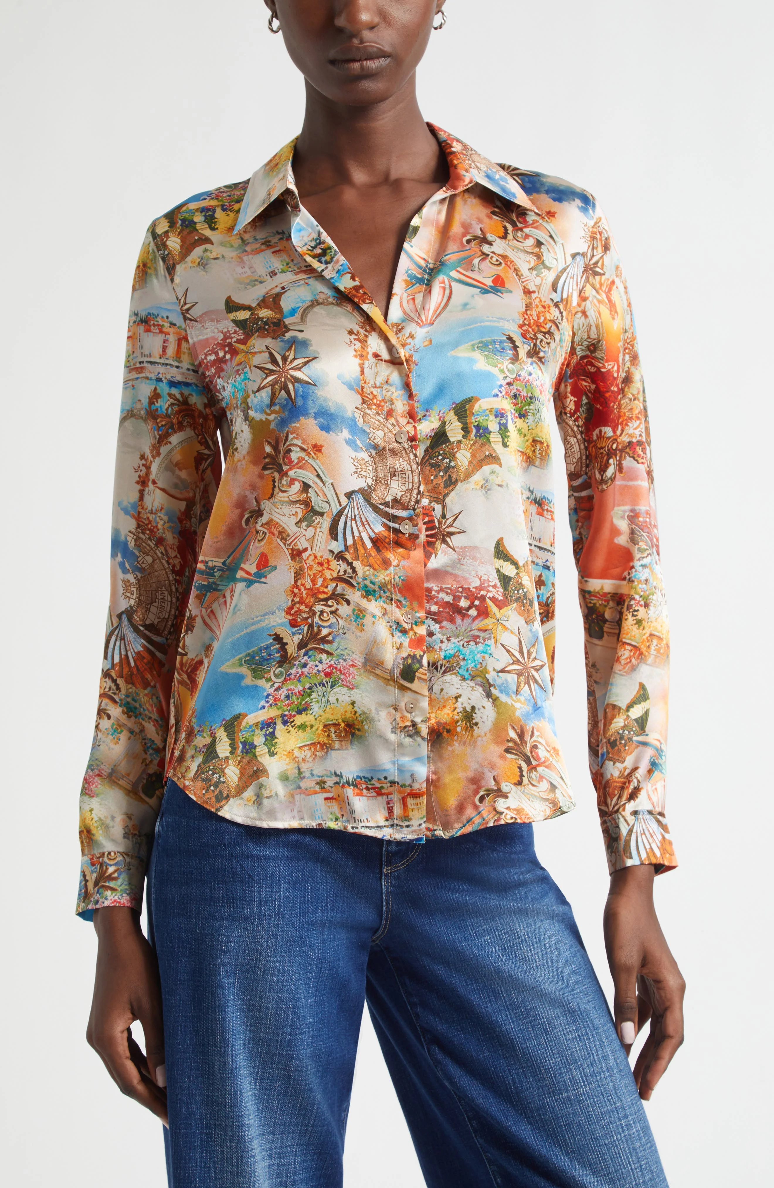 L'AGENCE Tyler Collage Print Silk Button-Up Shirt in Ivory Multi Collage at Nordstrom - 1