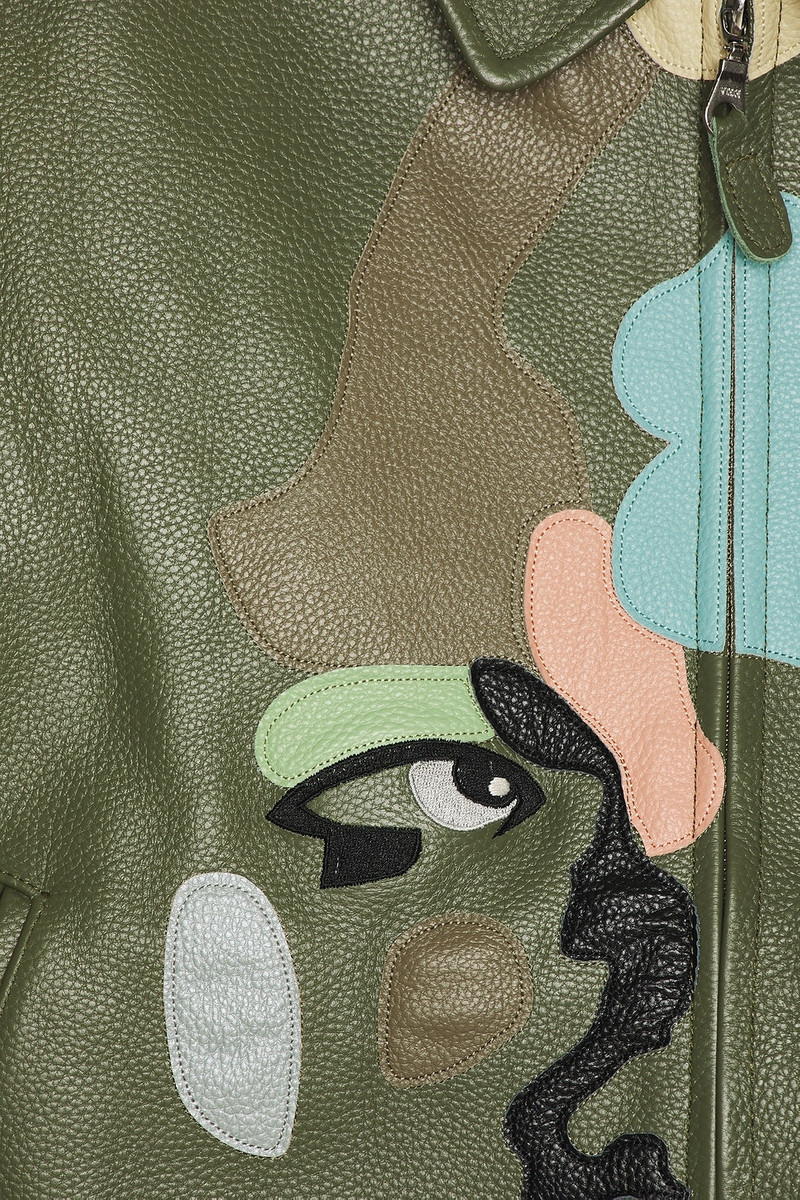 KidSuper Patchwork Face Leather Varsity Jacket outlook