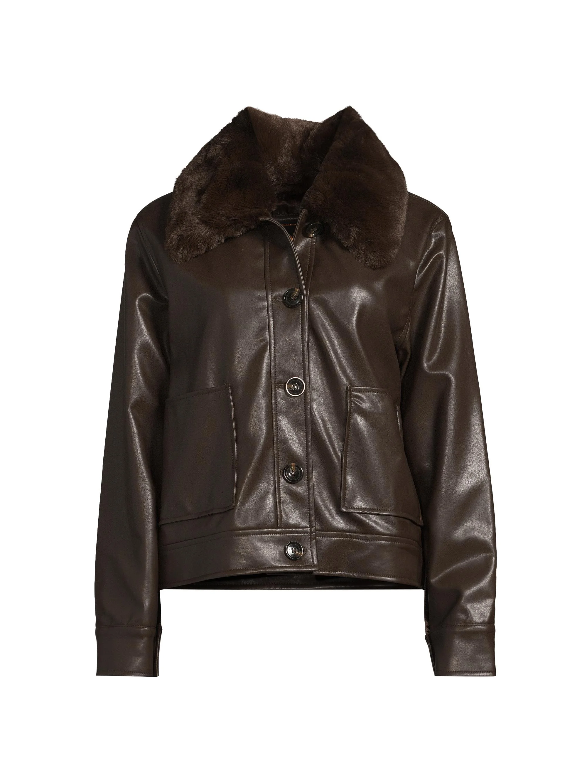 Women's Faux Fur-Trimmed Faux Leather Jacket - Chocolate - 1