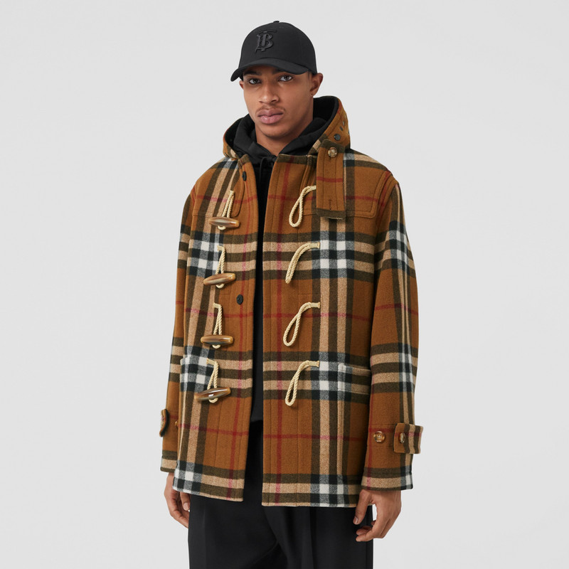 Check Technical Wool Oversized Duffle Coat 7