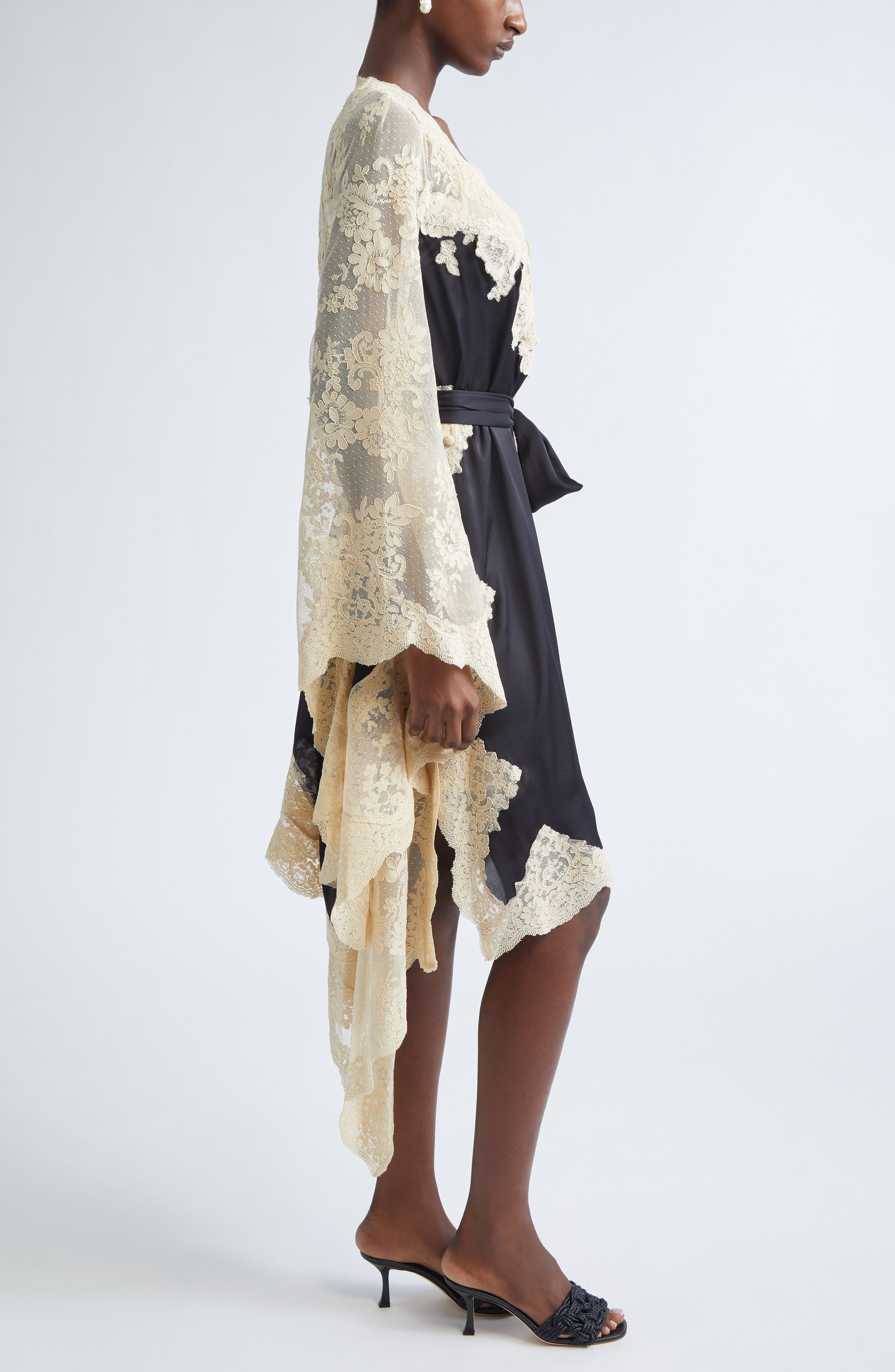 Zimmermann Hypnotic Long Sleeve Satin & Lace Wrap Dress in Beige/Black at Nordstrom - 3