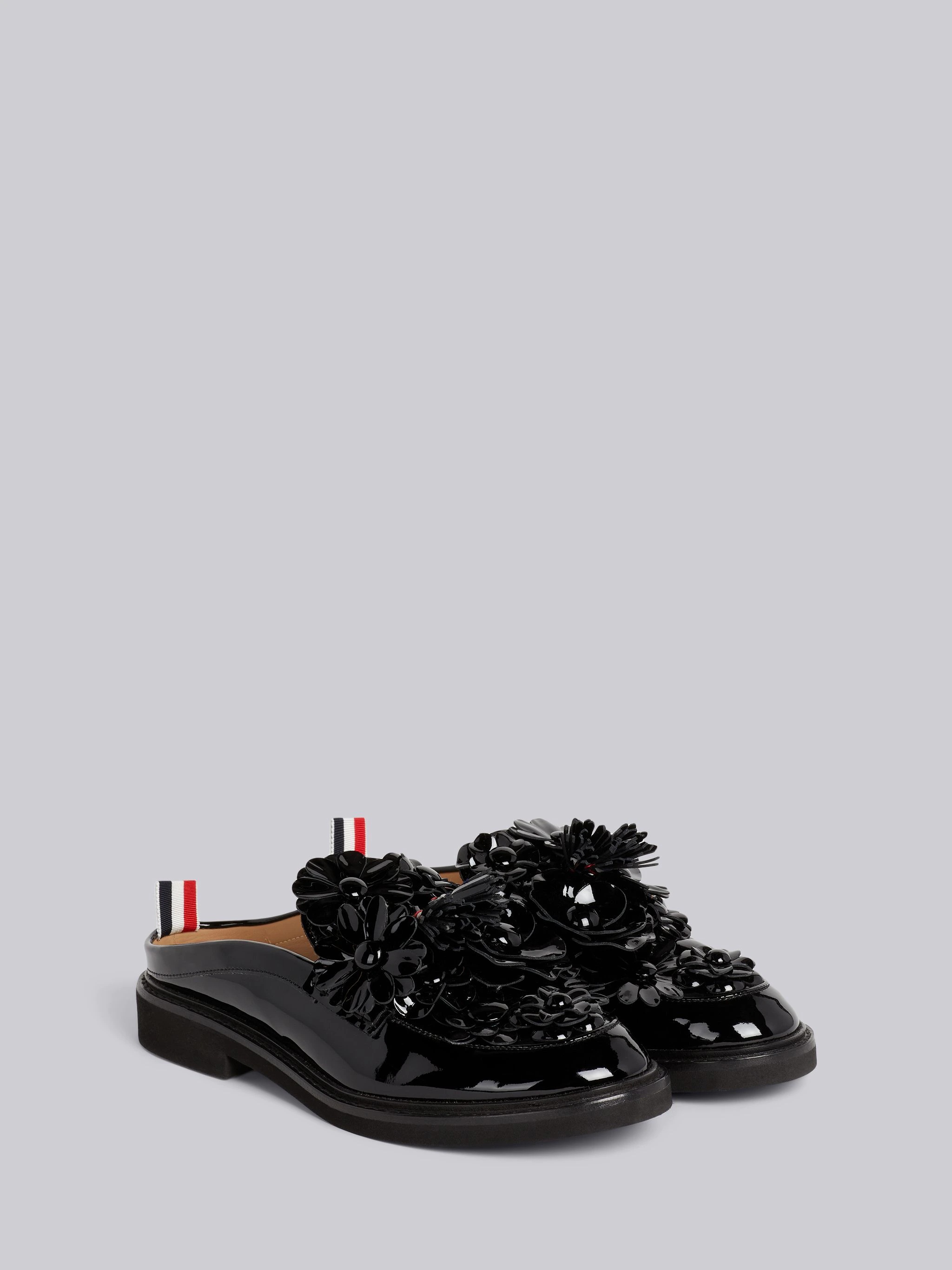 Black Soft Patent Leather Floral Applique Micro Sole Tassel Loafer Mule - 3