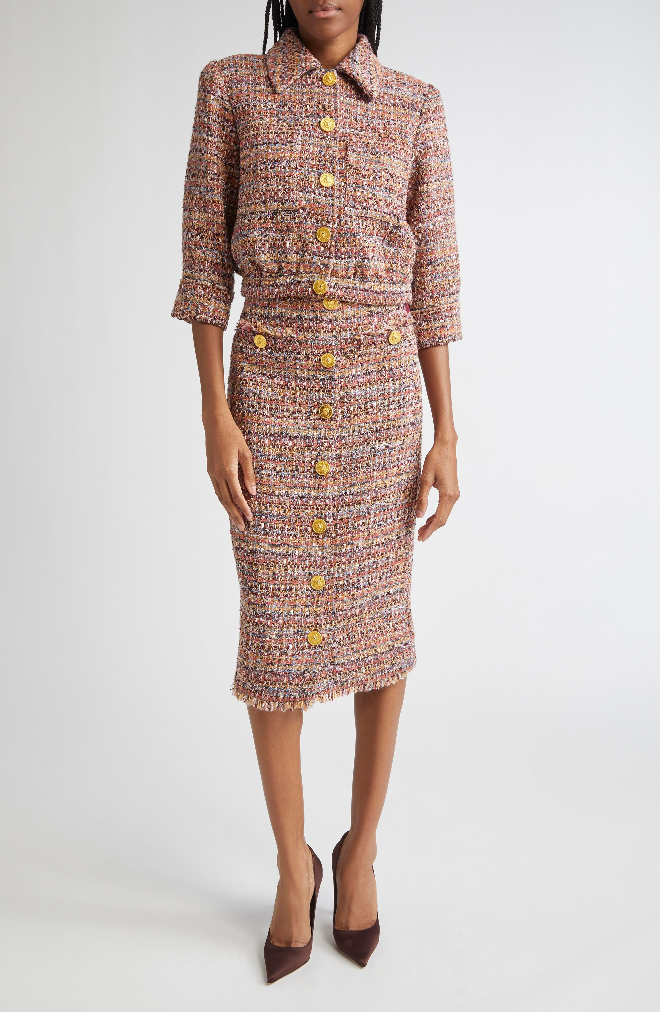 L'AGENCE Tai Tweed Midi Skirt in Mauve/Tan Multi Tweed at Nordstrom - 2