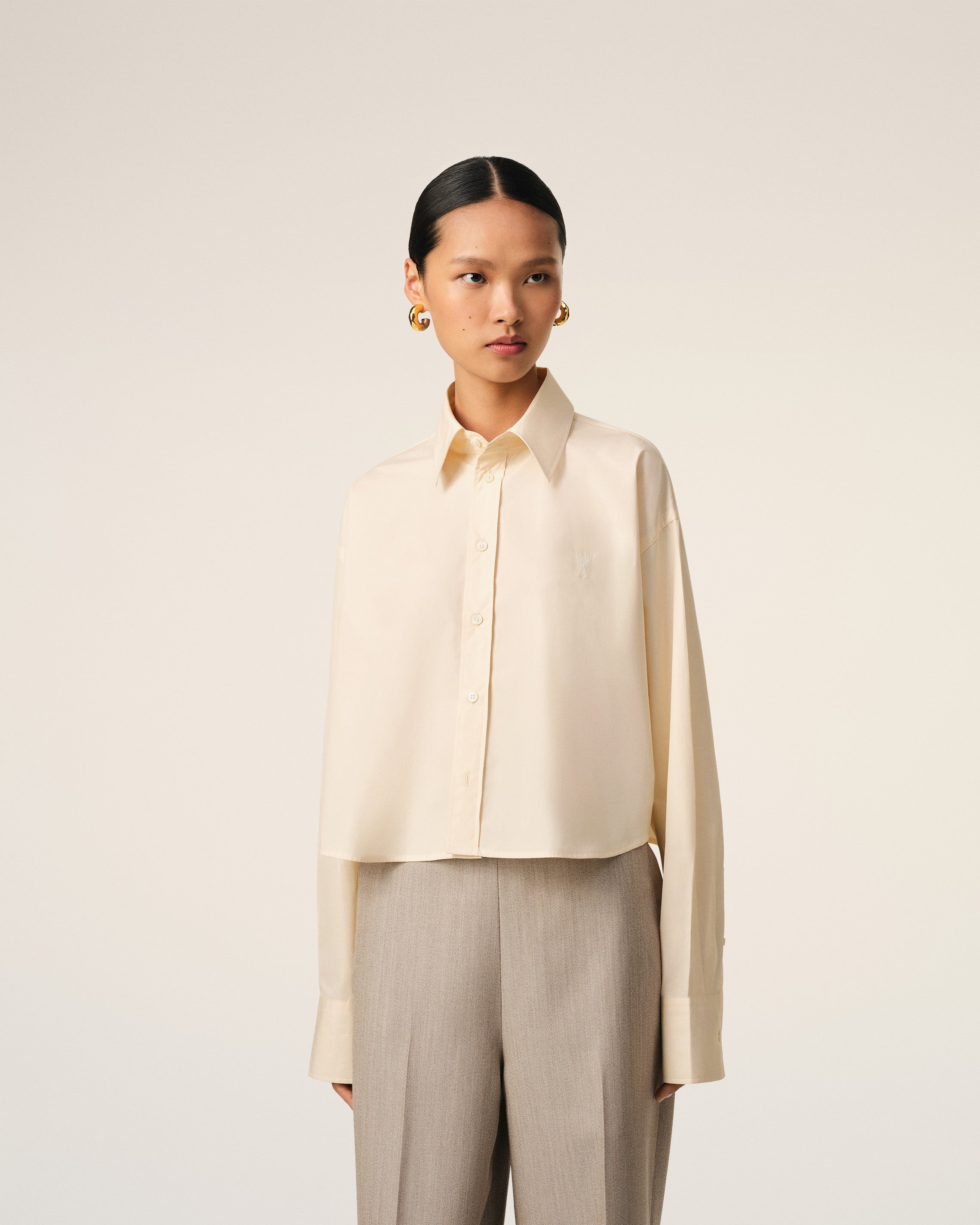 BEIGE COTTON CROPPED OVERSIZED SHIRT - 3