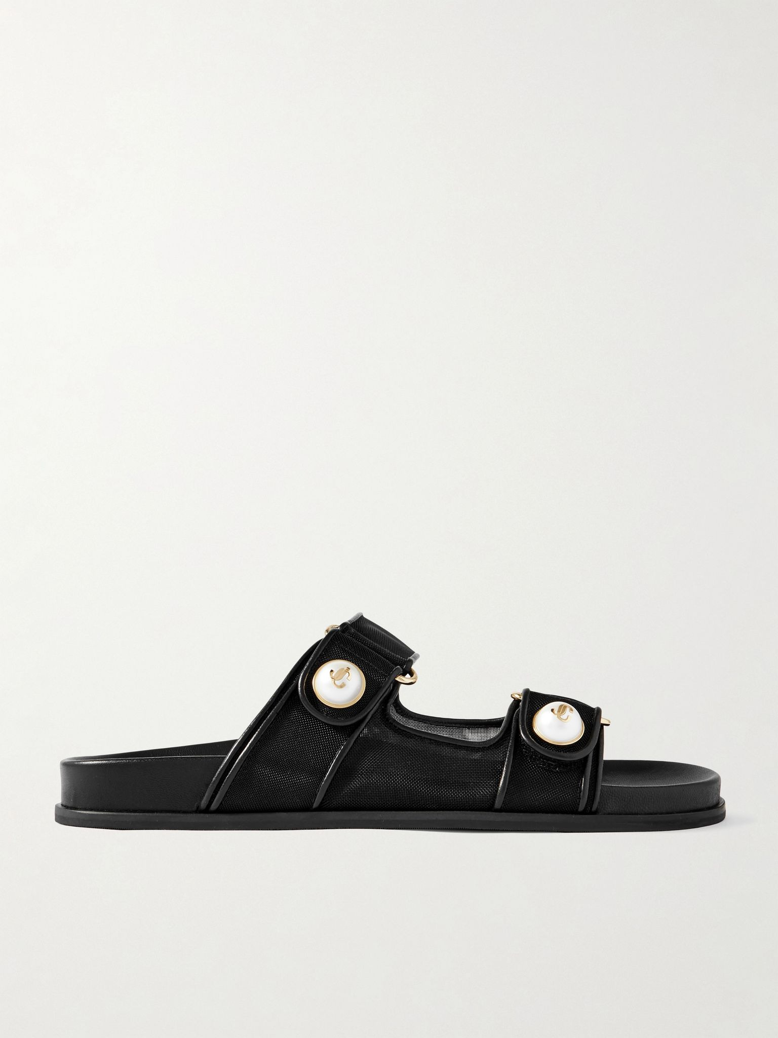 Fayence leather-trimmed faux pearl-embellished mesh slides Black - 1