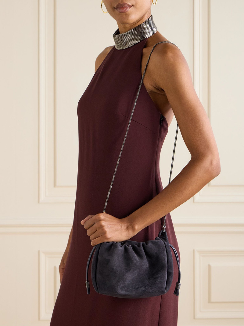 Brunello Cucinelli Small leather-trimmed bead-embellished suede shoulder bag Navy outlook