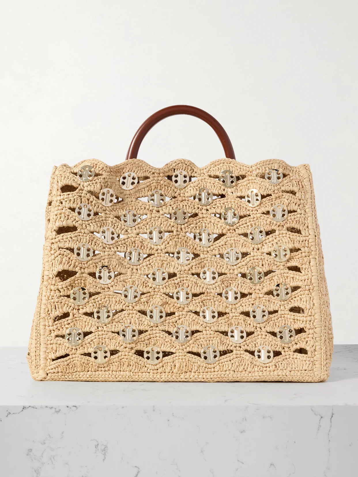 1969 Leather-trimmed Chainmail-embellished Raffia Tote - 1