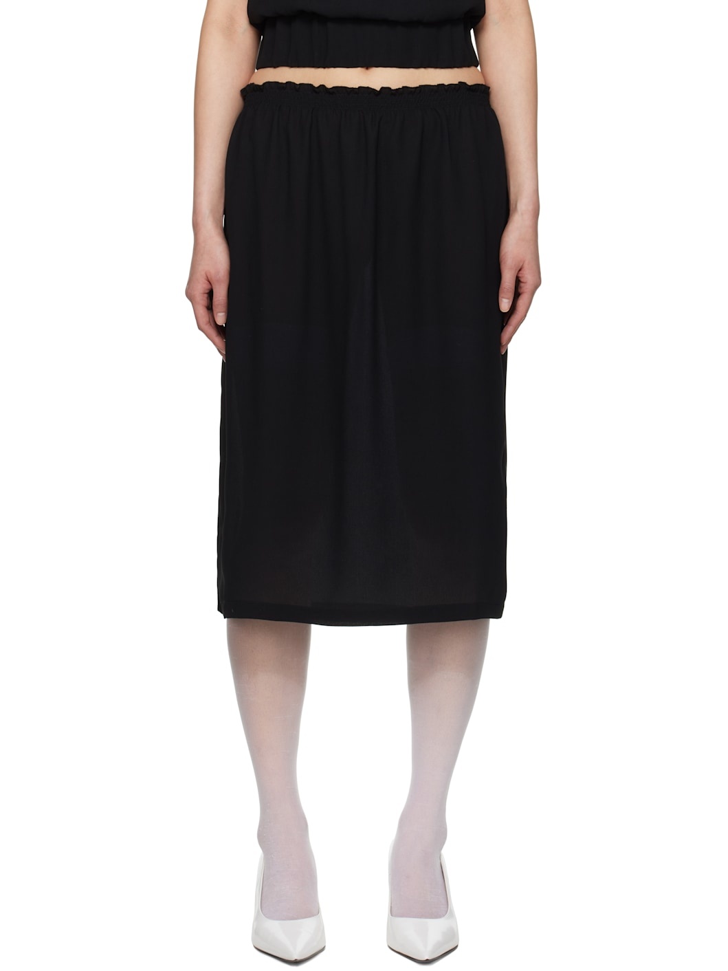 Black Smocked-Waist Midi Skirt - 1