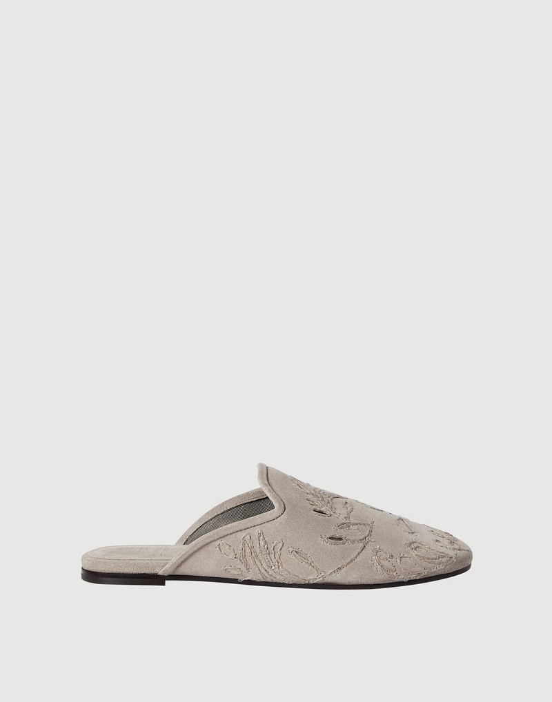 Suede mules with dazzling broderie anglaise 1
