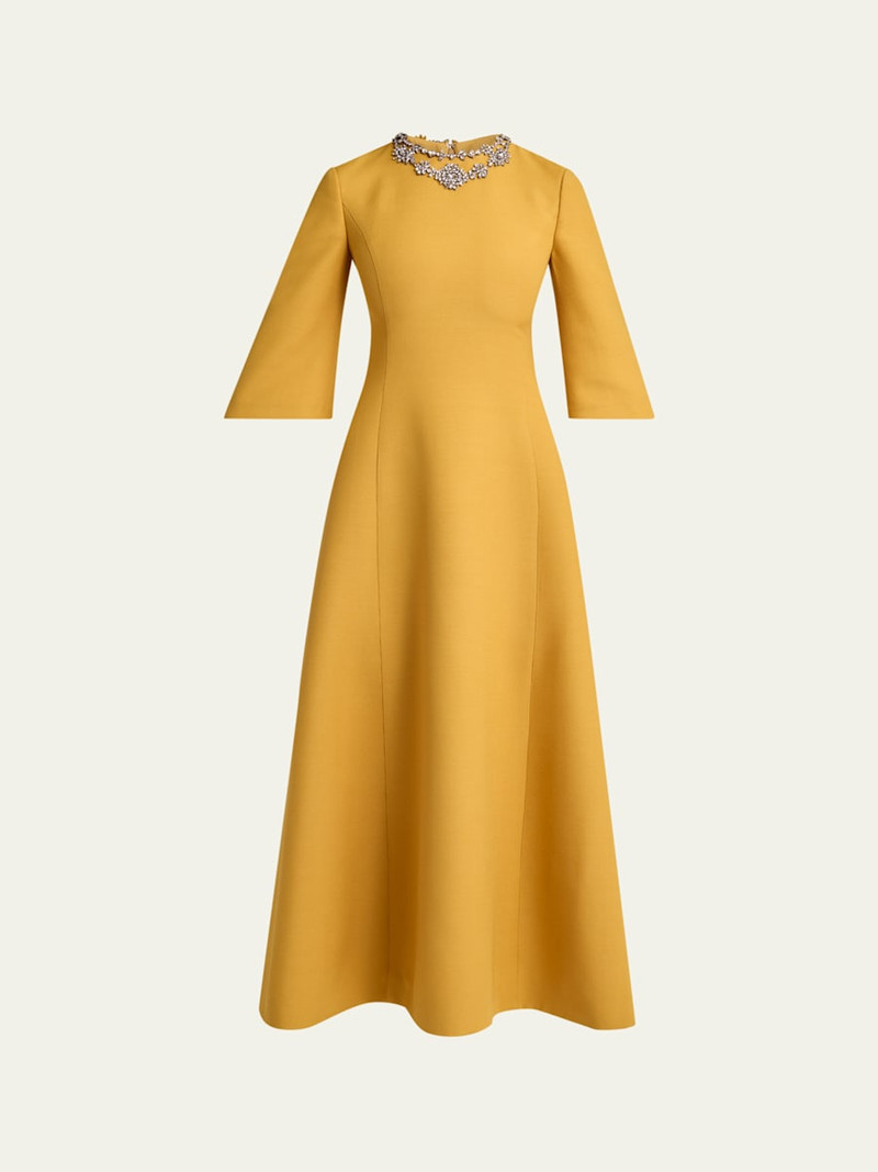 Crystal Embroidered Silk-Wool 3/4-Sleeve Midi Dress 1