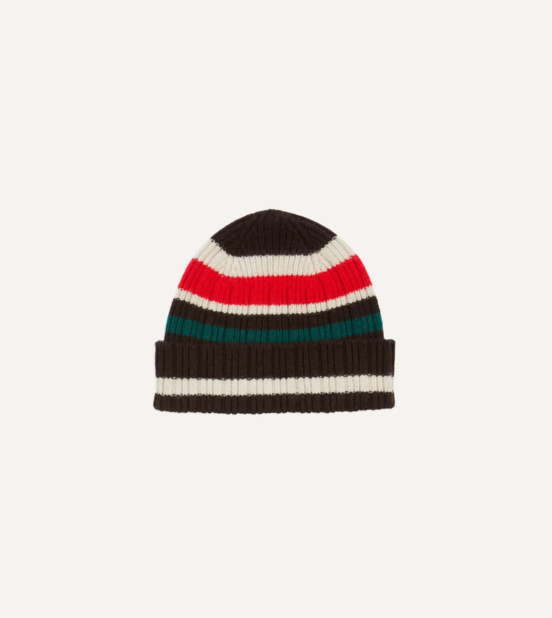 Brown, Ecru and Red Multi Stripe Geelongora Ribbed Knit Cap 1