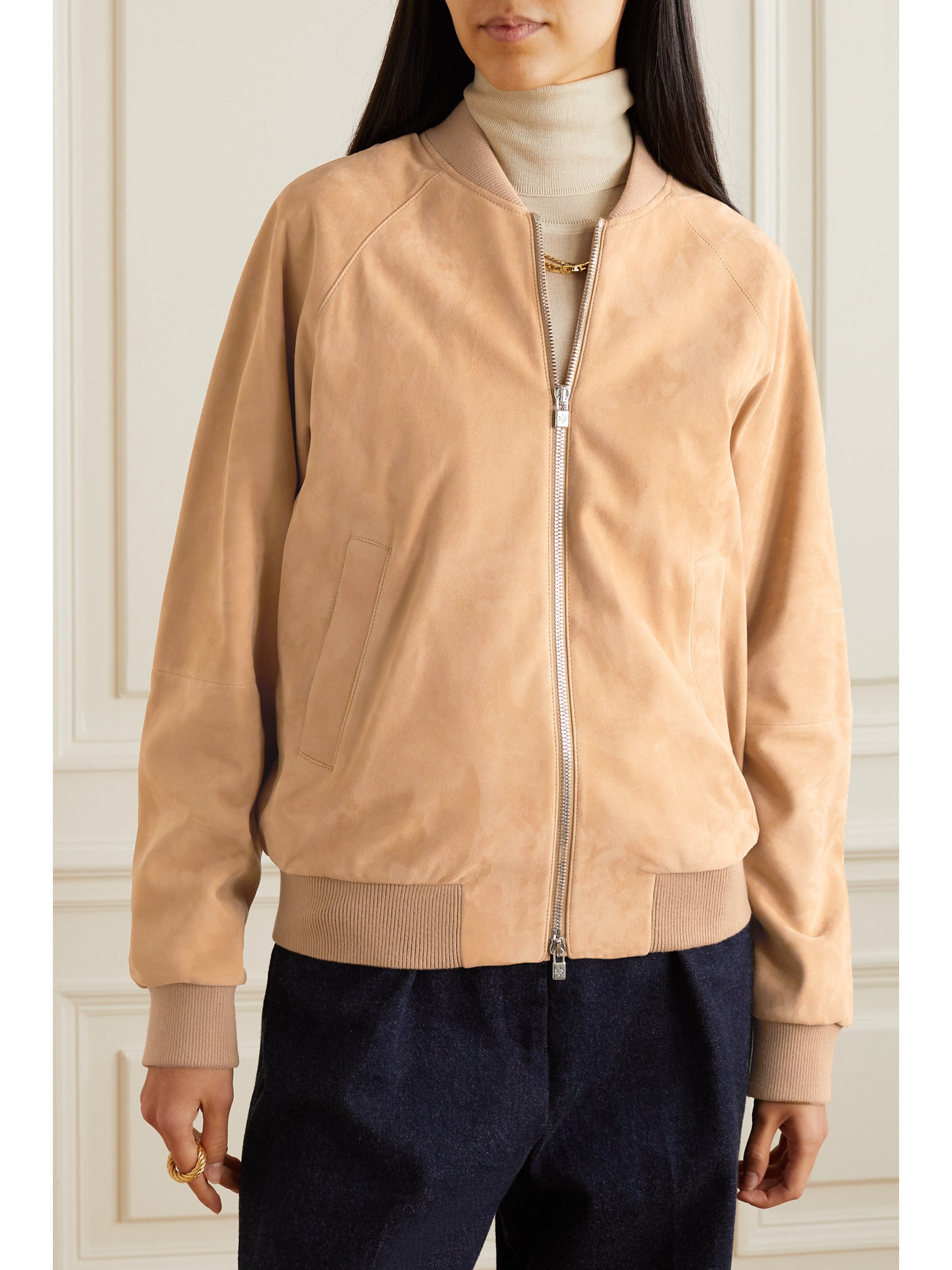 Ribbed Cashmere-trimmed Suede Bomber Jacket - 4