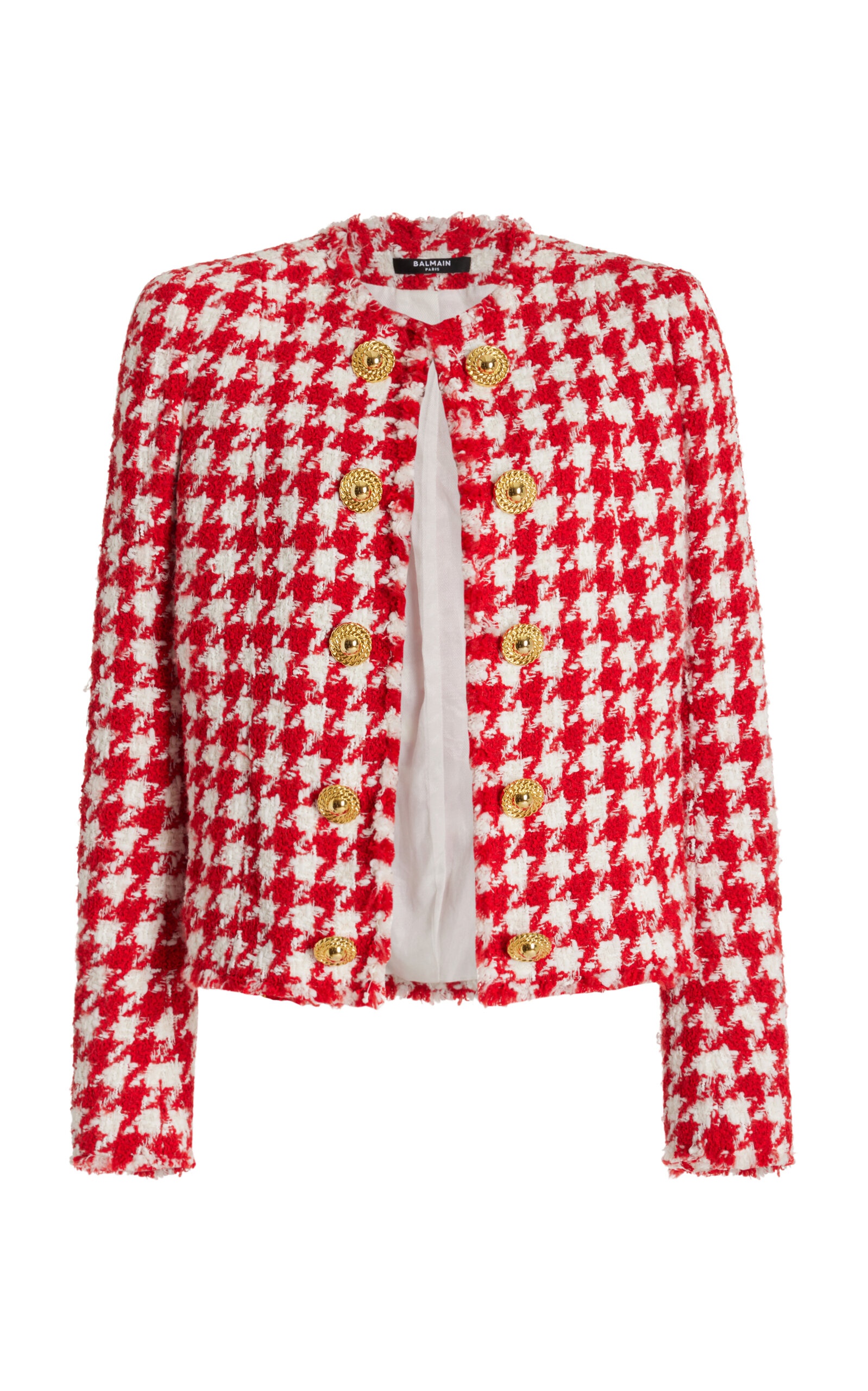 Collarless Houndstooth Tweed Jacket red - 1