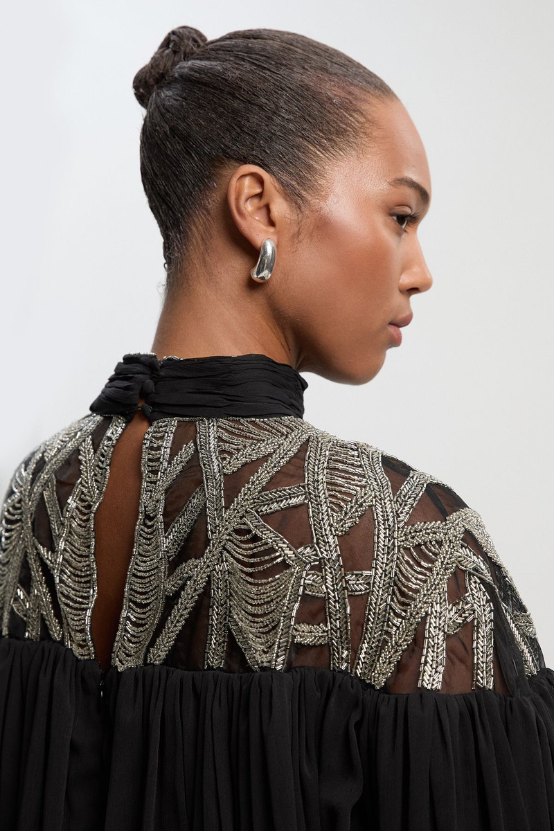 Plus Size Crystal Embellished Cutwork Cape Detail Woven Drama Blouse 3