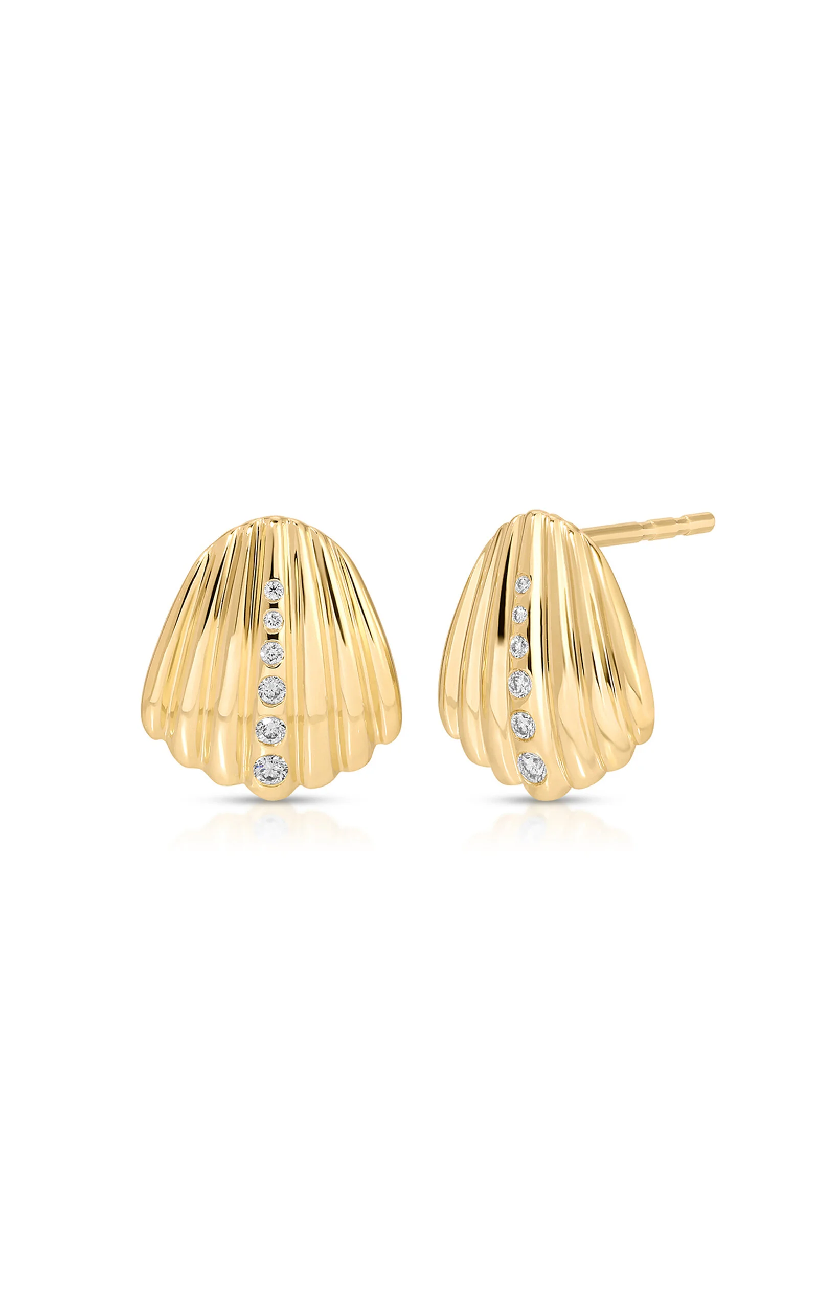 14K Yellow Gold Diamond Shell Stud Earrings - 1