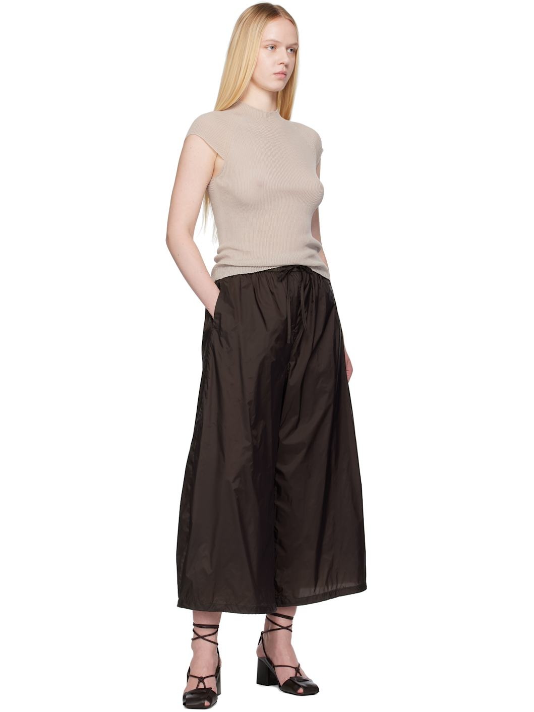 Brown Nylon Shirring Lounge Pants - 4