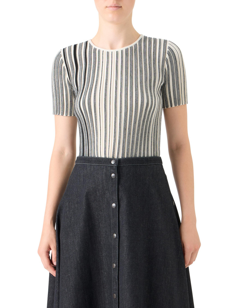 Women's Striped Wool Rib-Knit Sweater - Black Cream 4