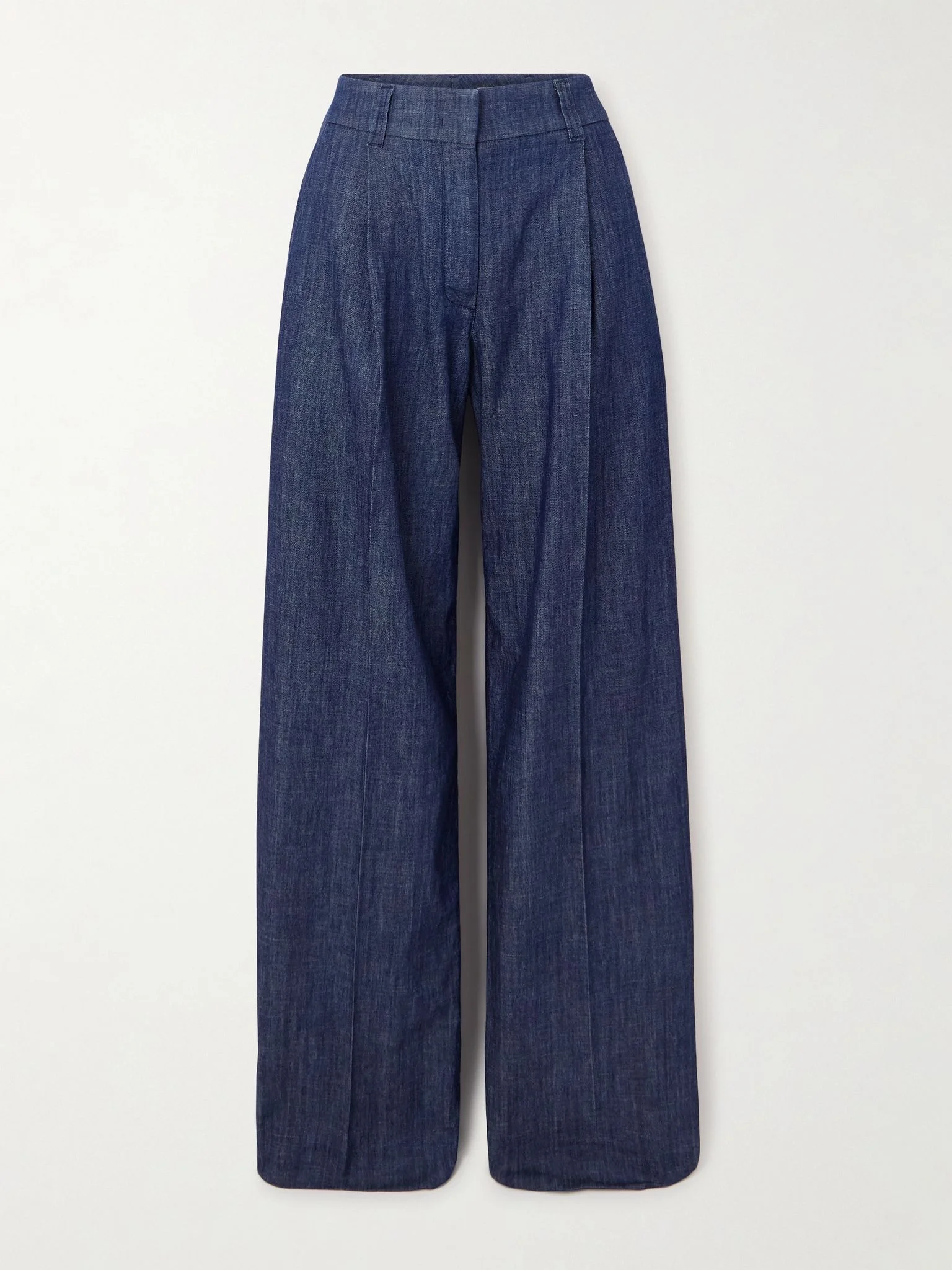 Pleated organic cotton-chambray wide-leg pants Navy - 1