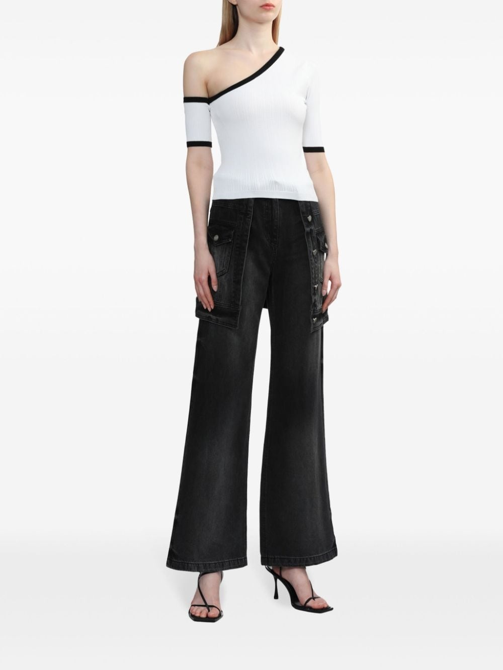 contrasting-trim one-shoulder top - 2