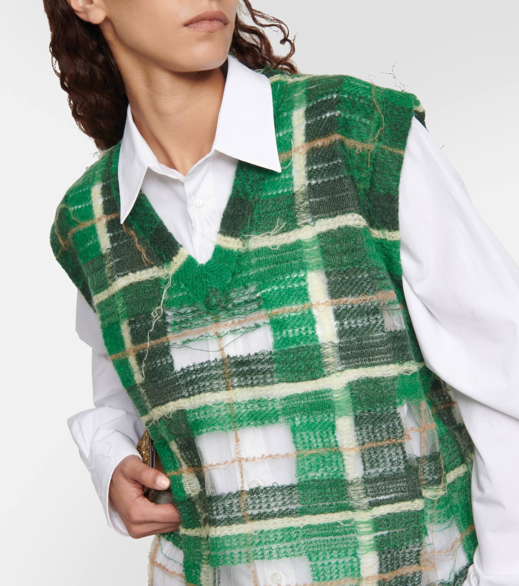 Distressed checked mohair-blend sweater vest - 4