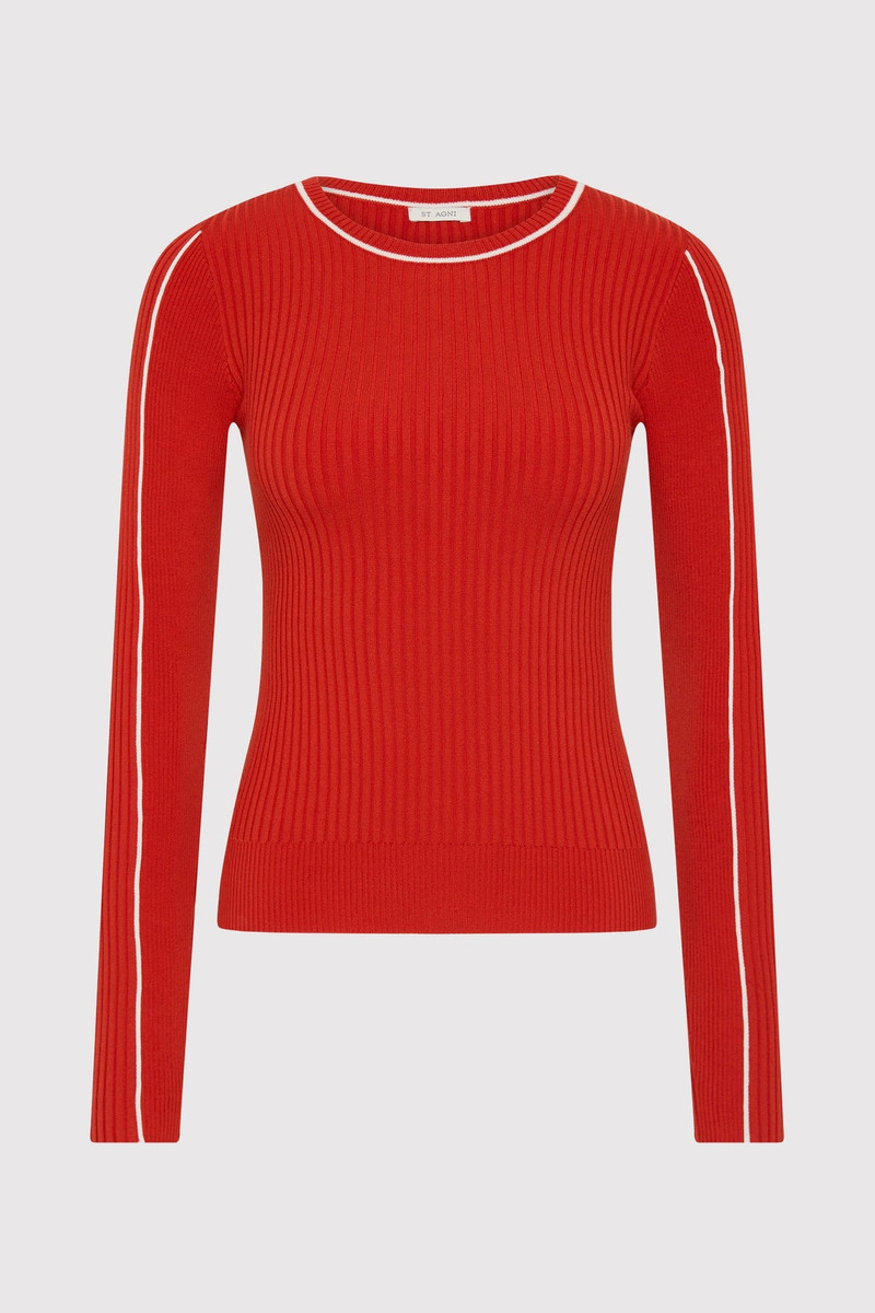 Fine Line Long Sleeve Top - Red / Off White 1