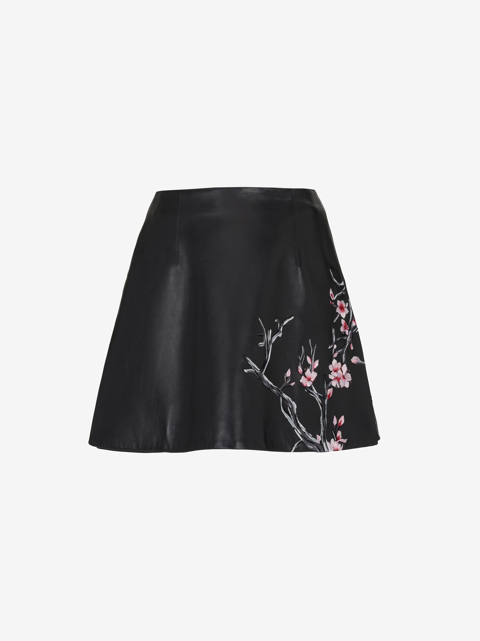 Women's Cherry Blossom Leather Mini Skirt in Black/pink/ivory - 1