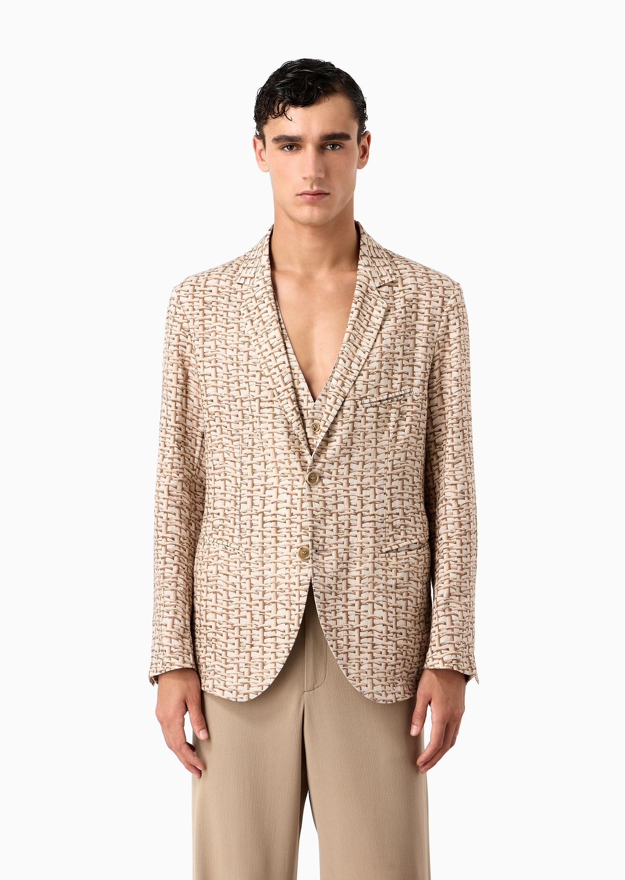 Single-breasted jacket in a woven print linen - 2