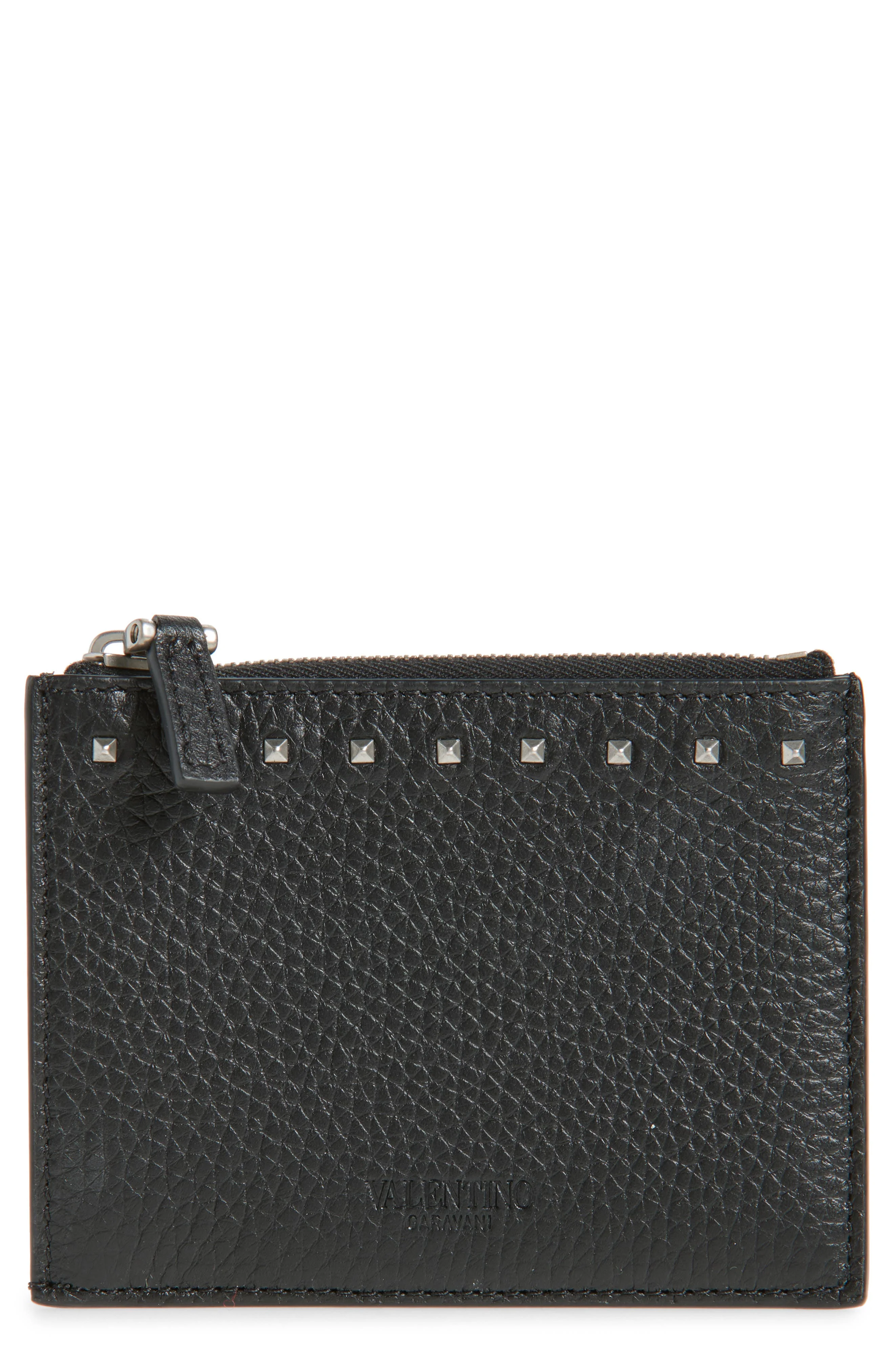 Valentino Garavani Rockstud Leather Card Case Coin Purse in Black at Nordstrom - 1