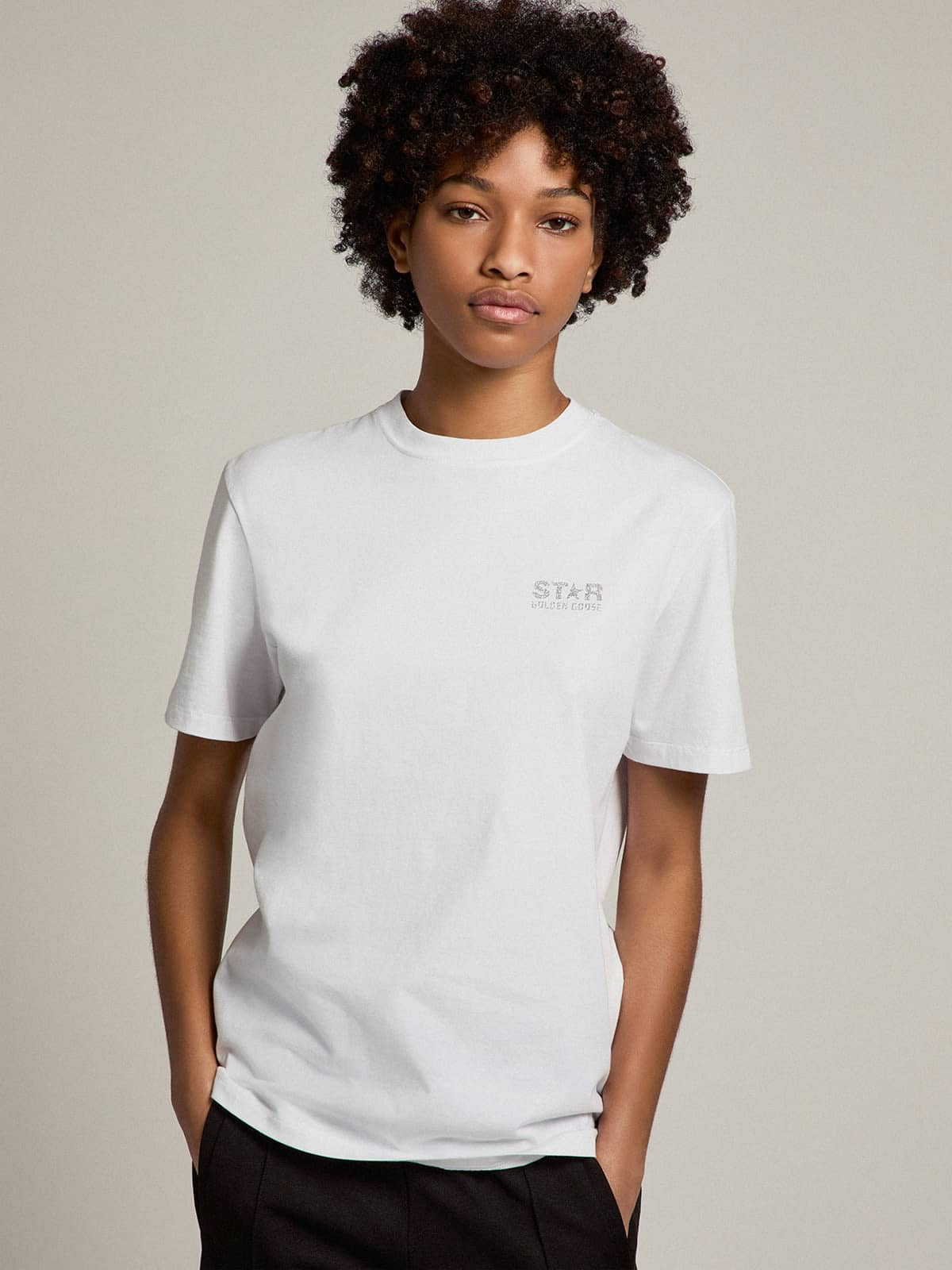 Women's white T-shirt with silver glitter logo and star - 3