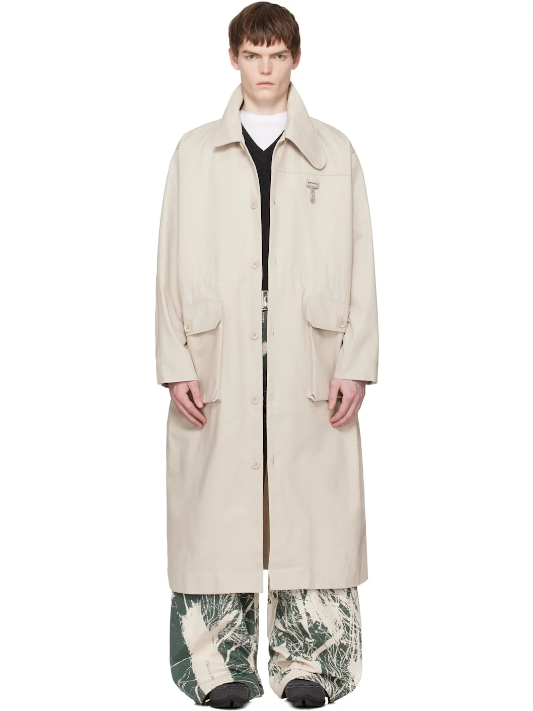 Beige Cotton Herringbone Overcoat - 1