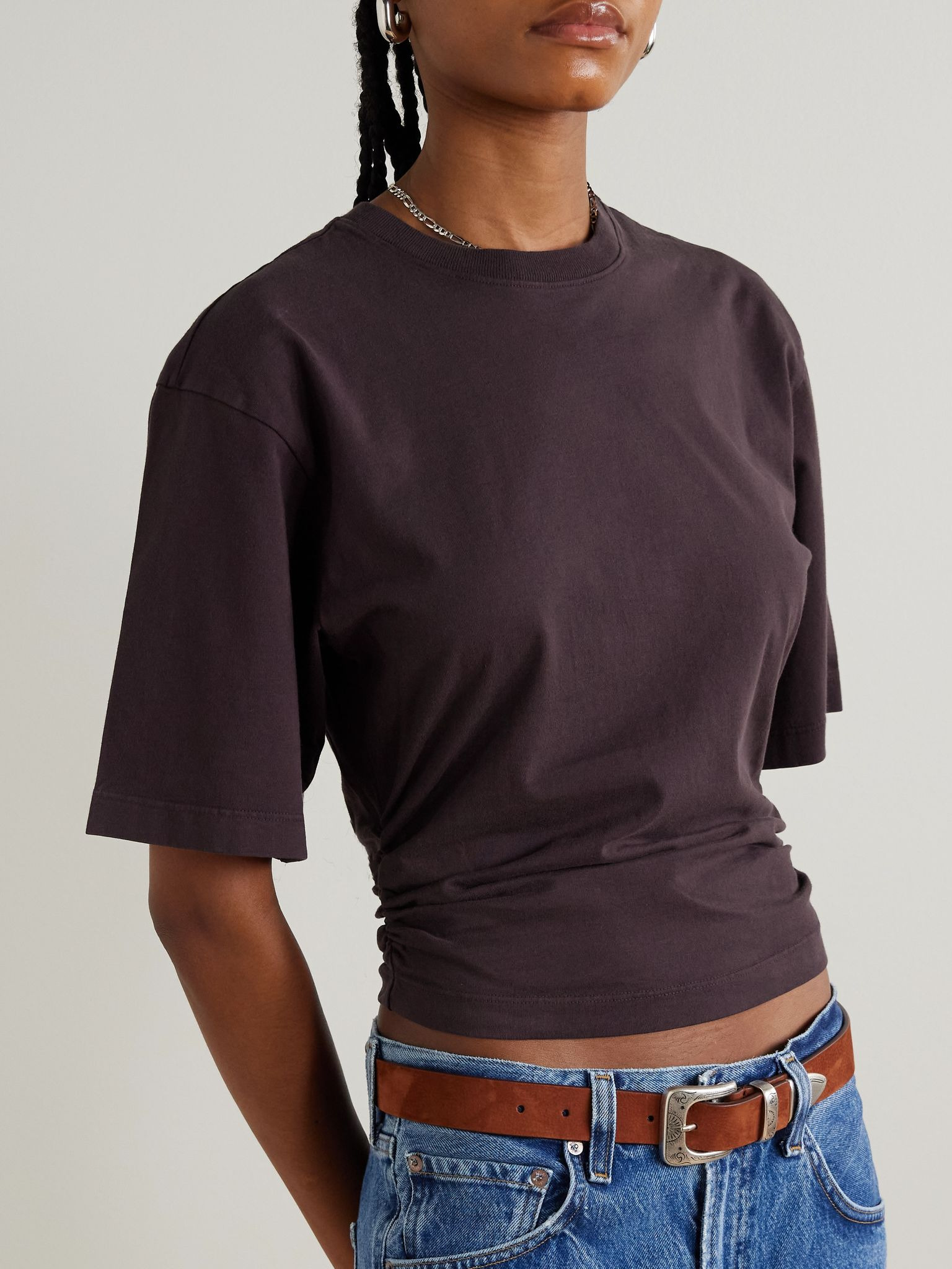 Shari ruched cotton-jersey T-shirt Brown - 3