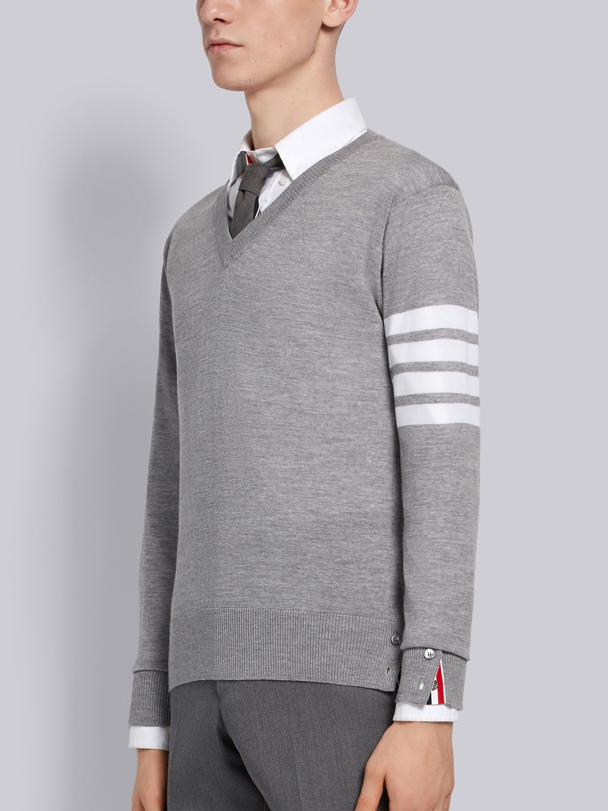 Light Grey Finemerino Wool 4-bar V-neck Pullover - 2