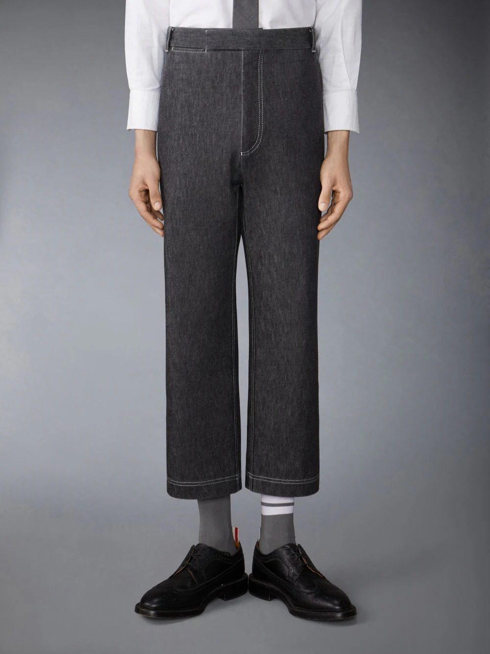 Washed Denim Contrast Topstitching Unconstructed Single Welt Pocket Trouser - 2