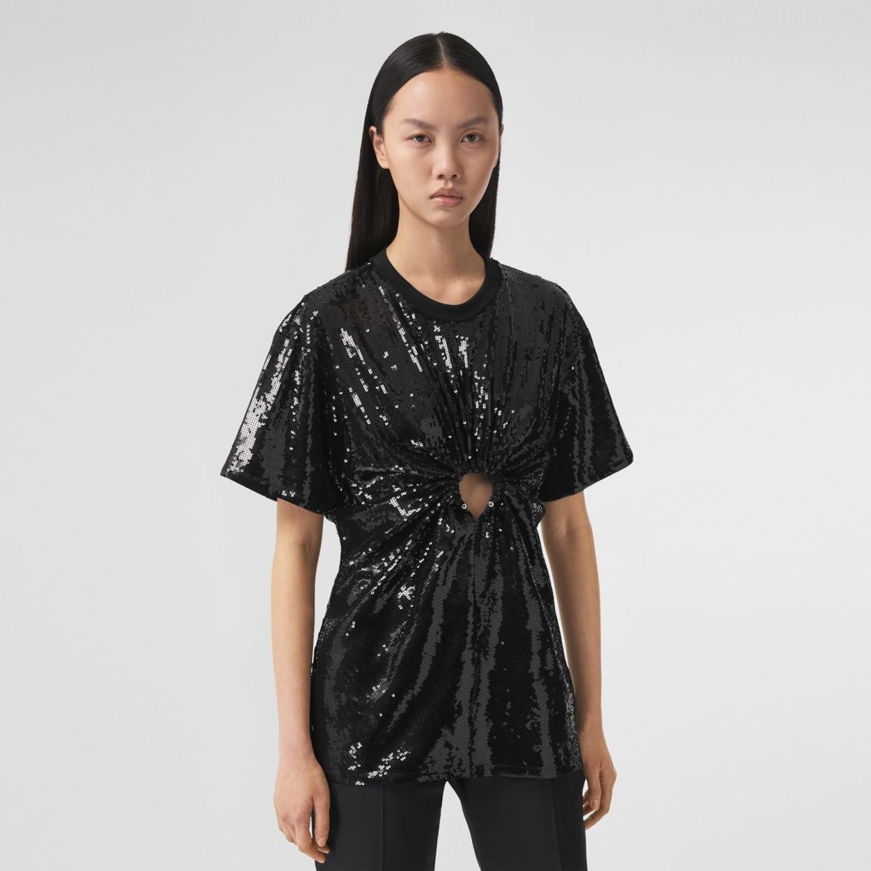 Ring Detail Sequinned Cotton Oversized T-shirt - 2