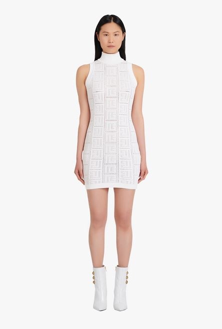 Short white eco-designed knit dress with Balmain monogram - 4