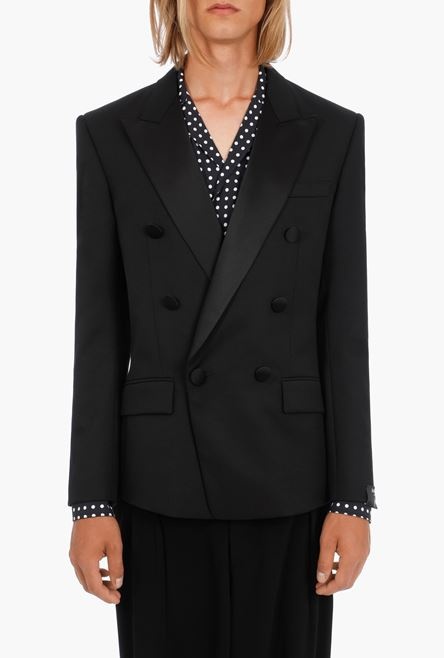 Black satin and wool blazer with double-breasted buttoned fastening - 5