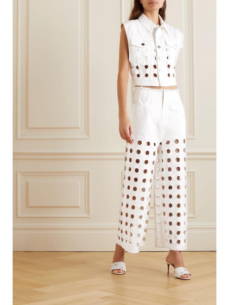 Alaïa Embroidered laser-cut frayed low-rise jeans White outlook