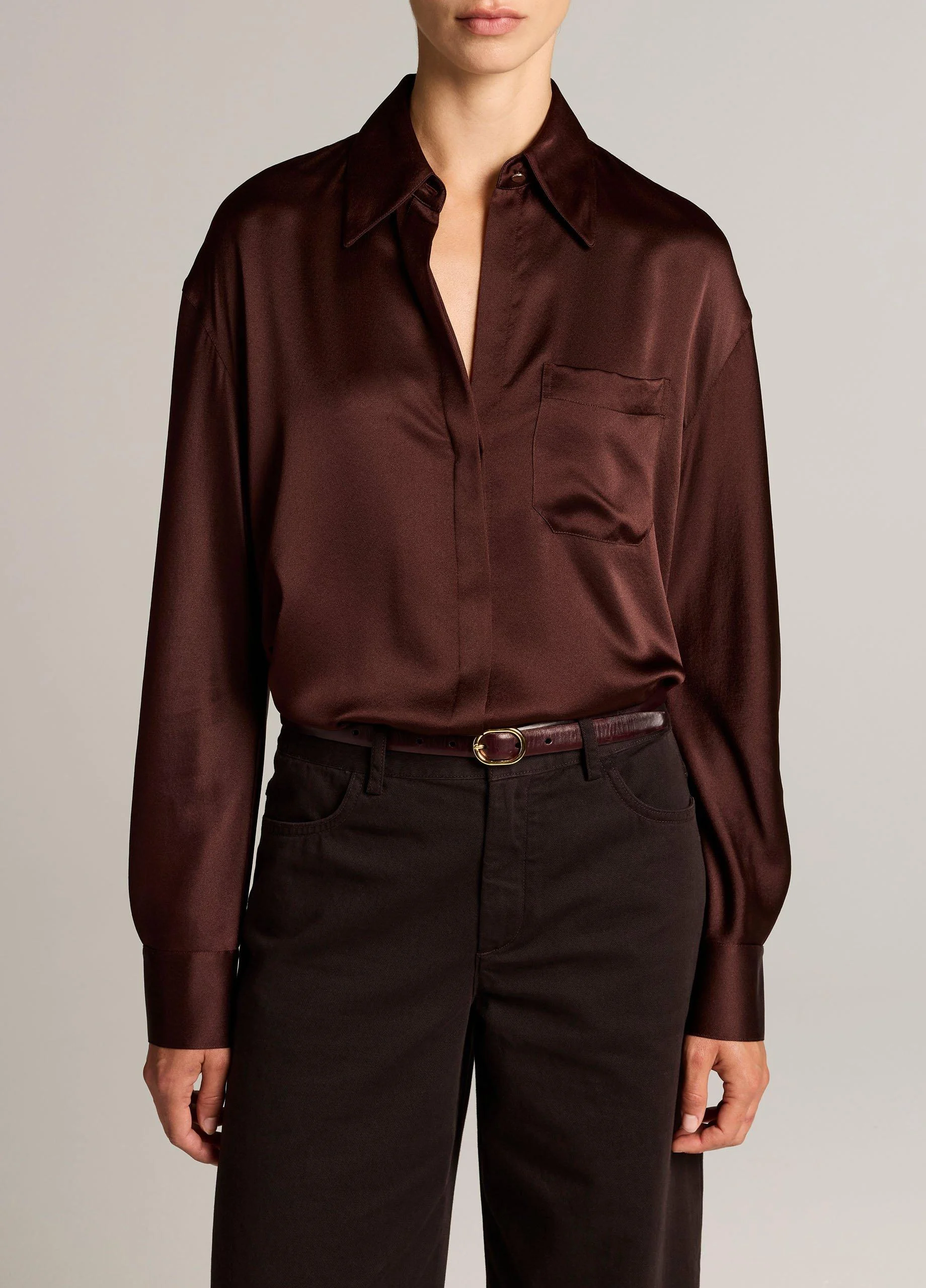 Silk Satin Dolman-Sleeve Button-Front Shirt - 1