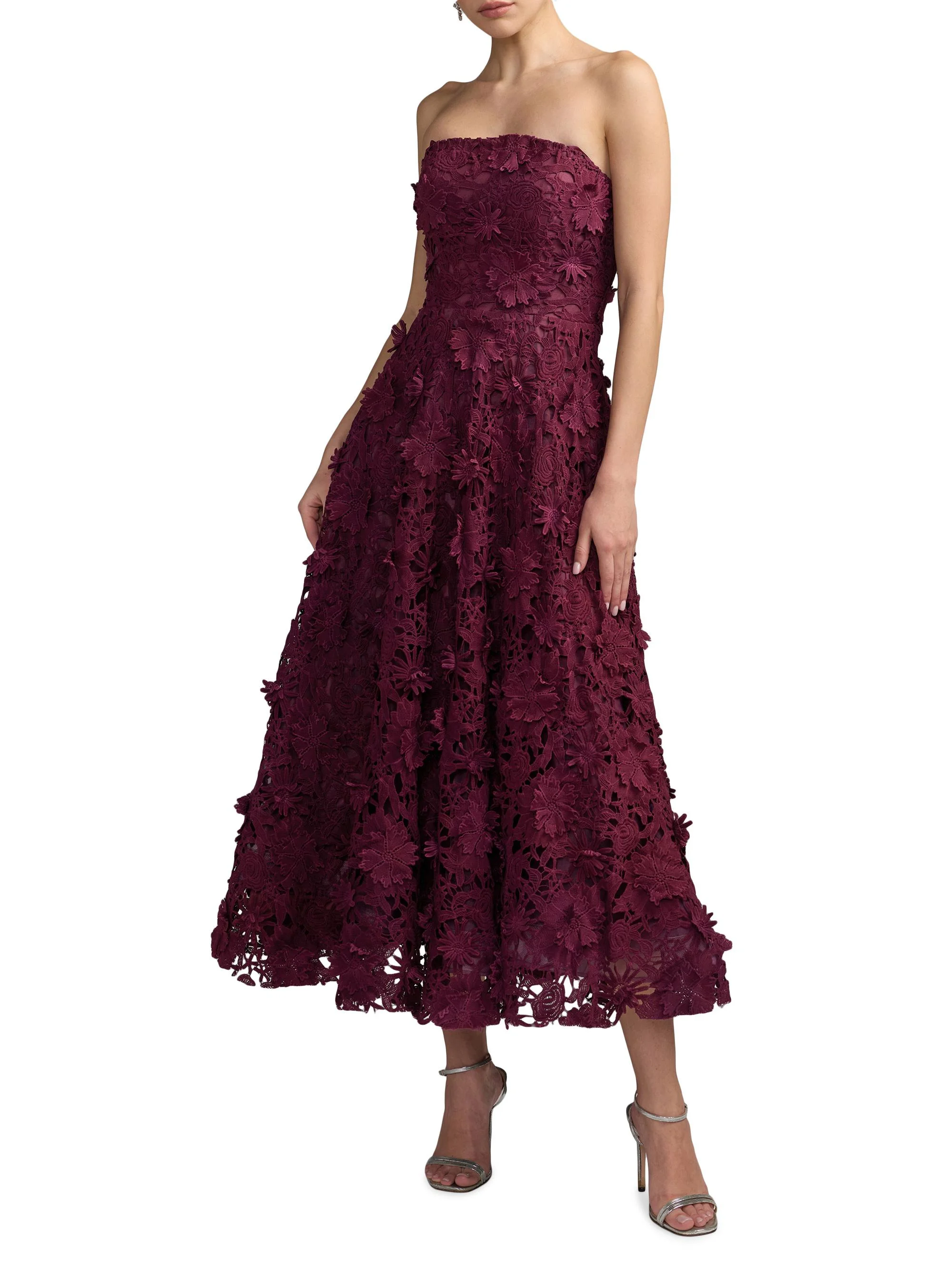 Women's Floral Lace Strapless A-Line Midi-Dress - Plum - 1