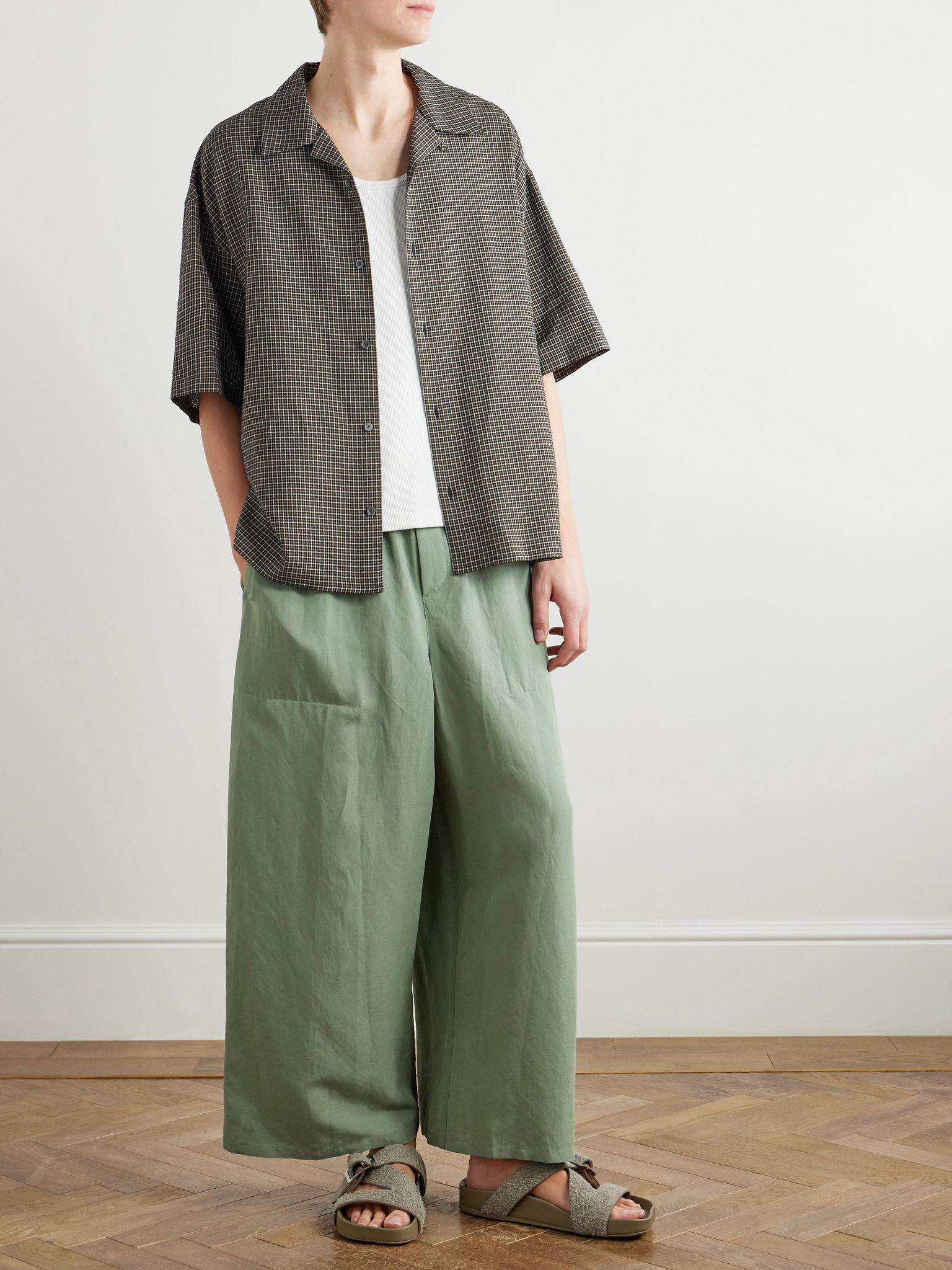 + Paula's Ibiza Convertible-Collar Checked Linen-Blend Shirt Green - 2