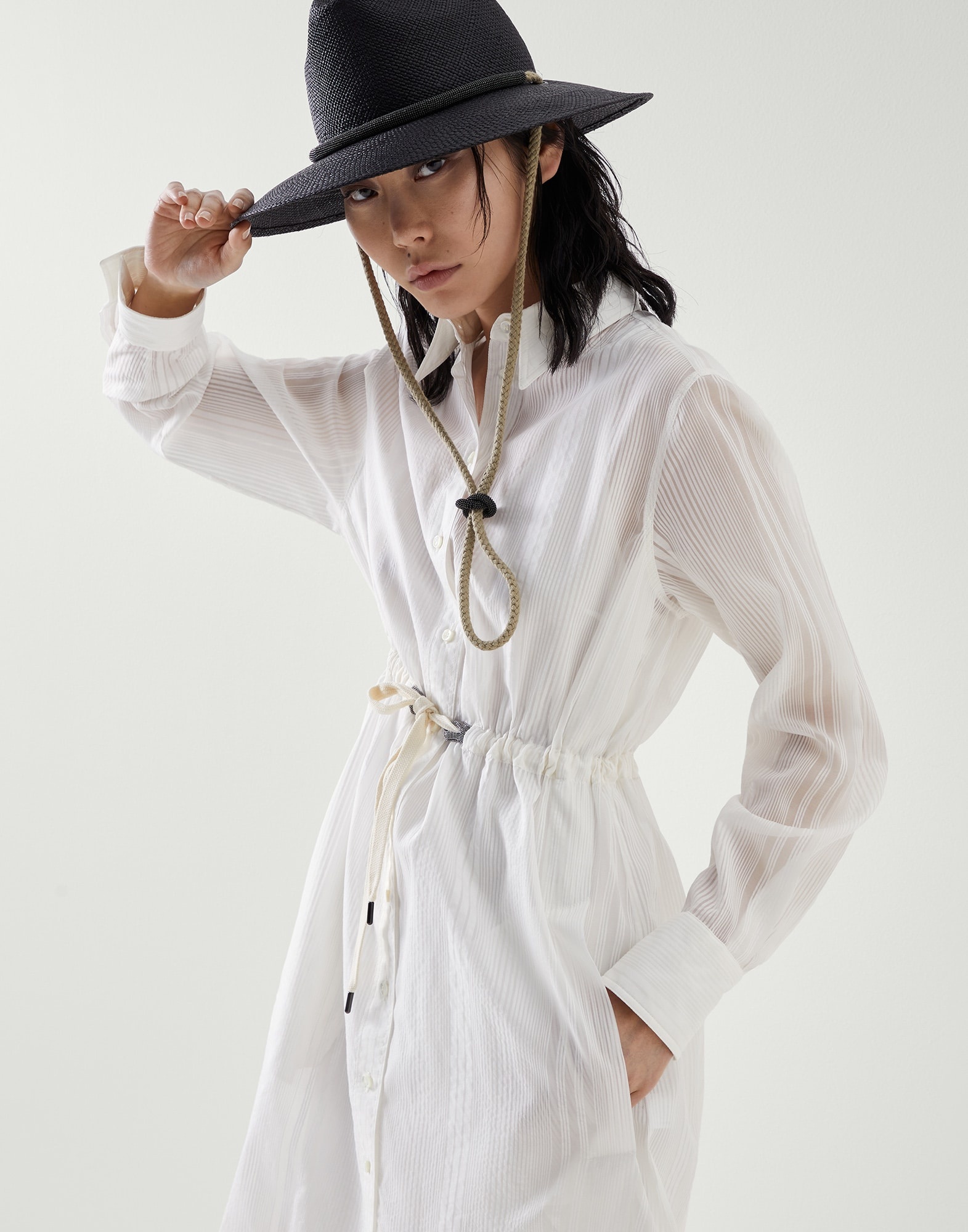 Cotton and silk sheer stripe organza belted shirt dress with precious eyelets - 5