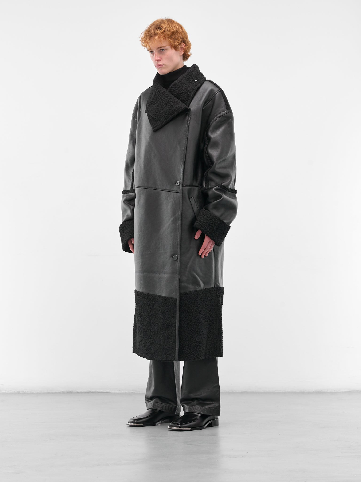 Black Leather Shearling Long Coat - 2