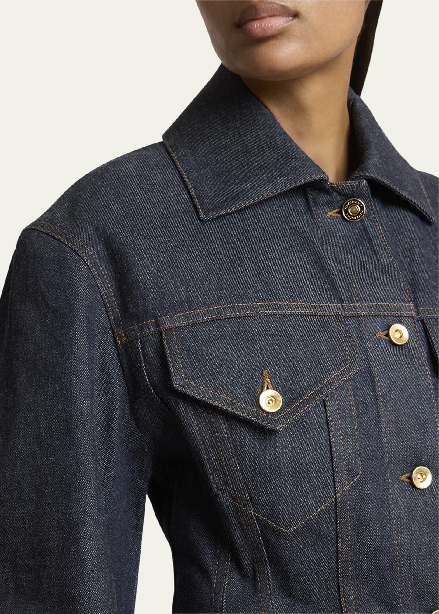 Cocoon-Sleeve Waisted Denim Jacket - 5
