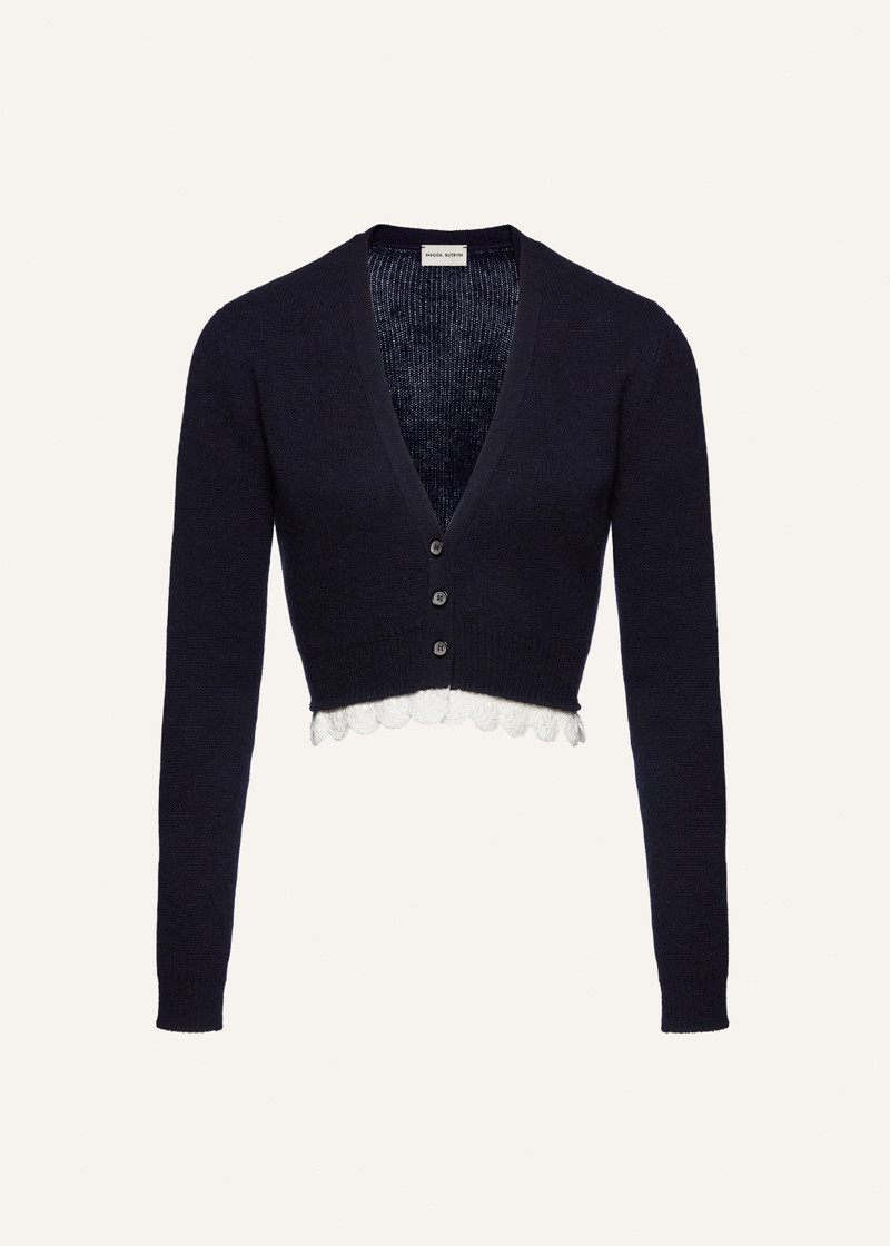 Lace trim cashmere sweater in navy 1