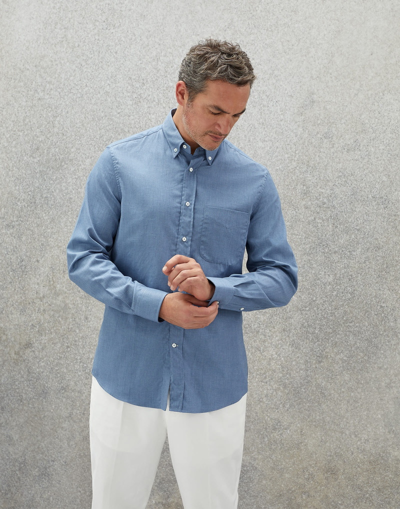 Denim-effect flannel easy fit shirt with button-down collar and chest pocket 1